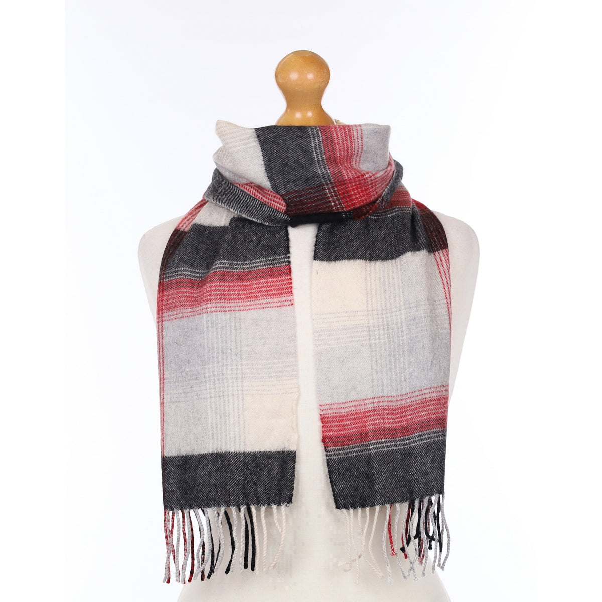 Grey and Red Plaid Cashmere Woven Scarf