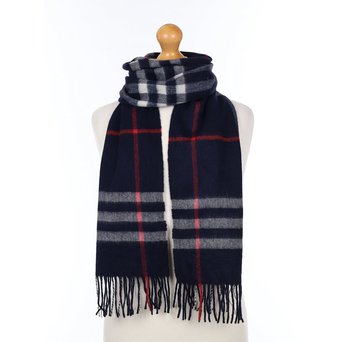 Navy Checked Cashmere Woven Scarf