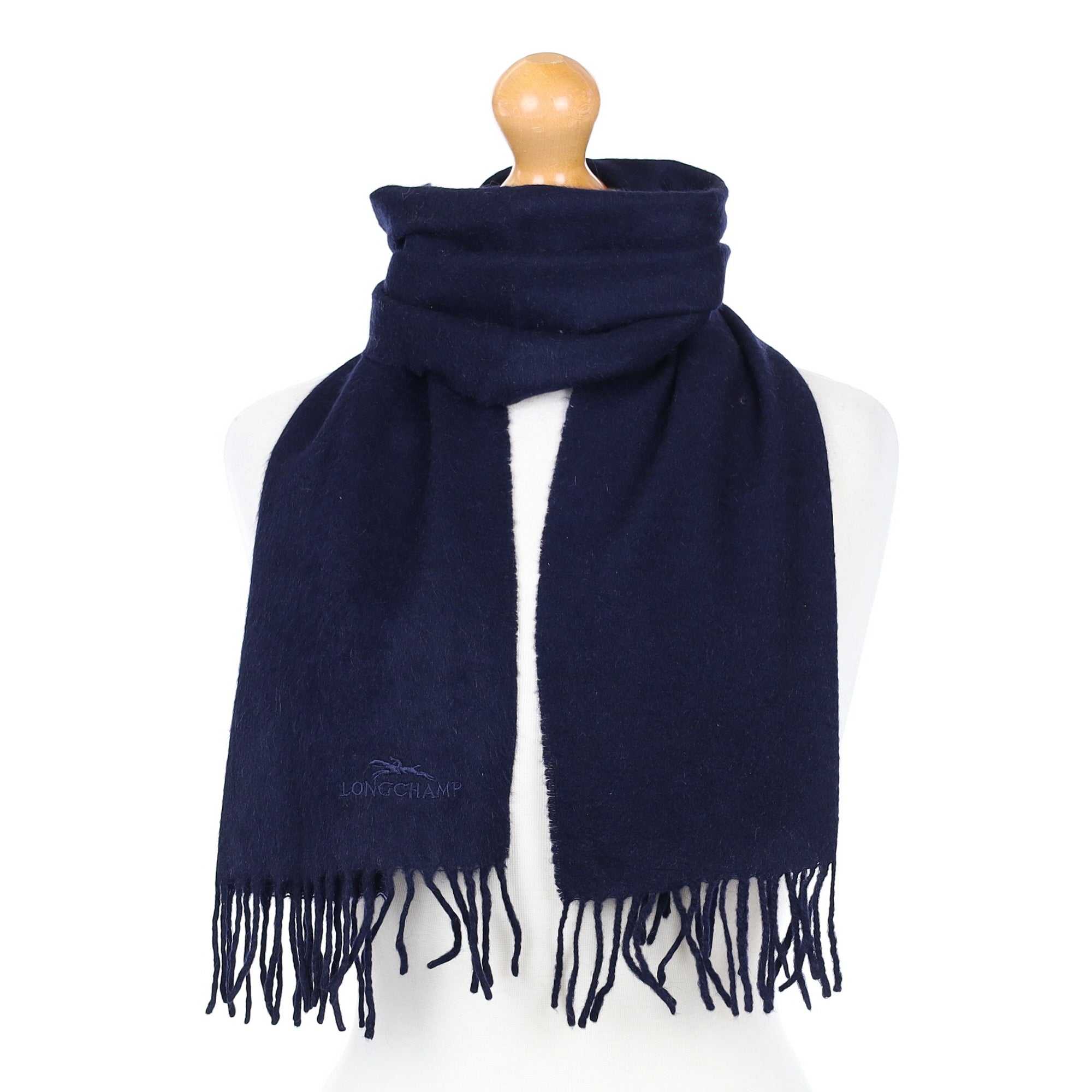 Longchamp Navy Blue Cashmere Woven Scarf