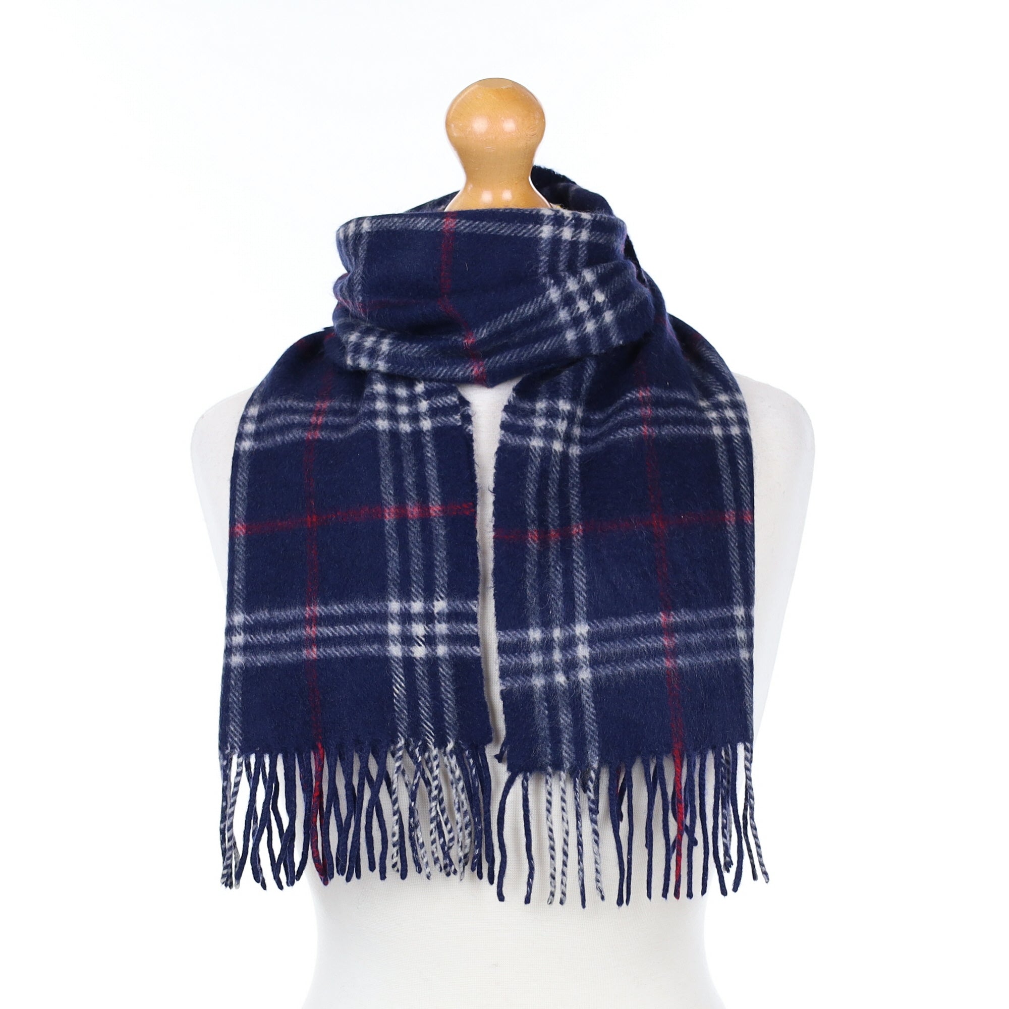 Navy and White Checked Cashmere Woven Scarf
