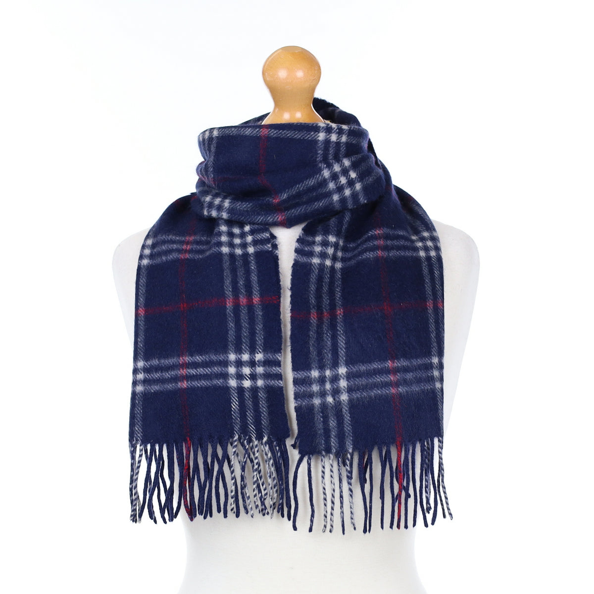 Navy and White Checked Cashmere Woven Scarf