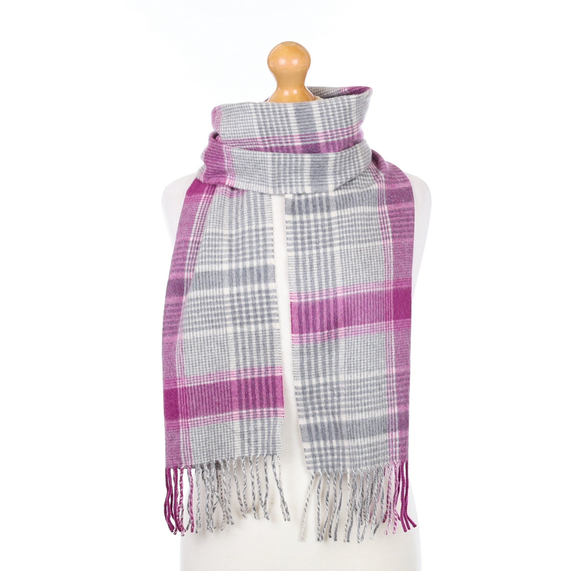Grey and Magenta Plaid Cashmere Woven Scarf