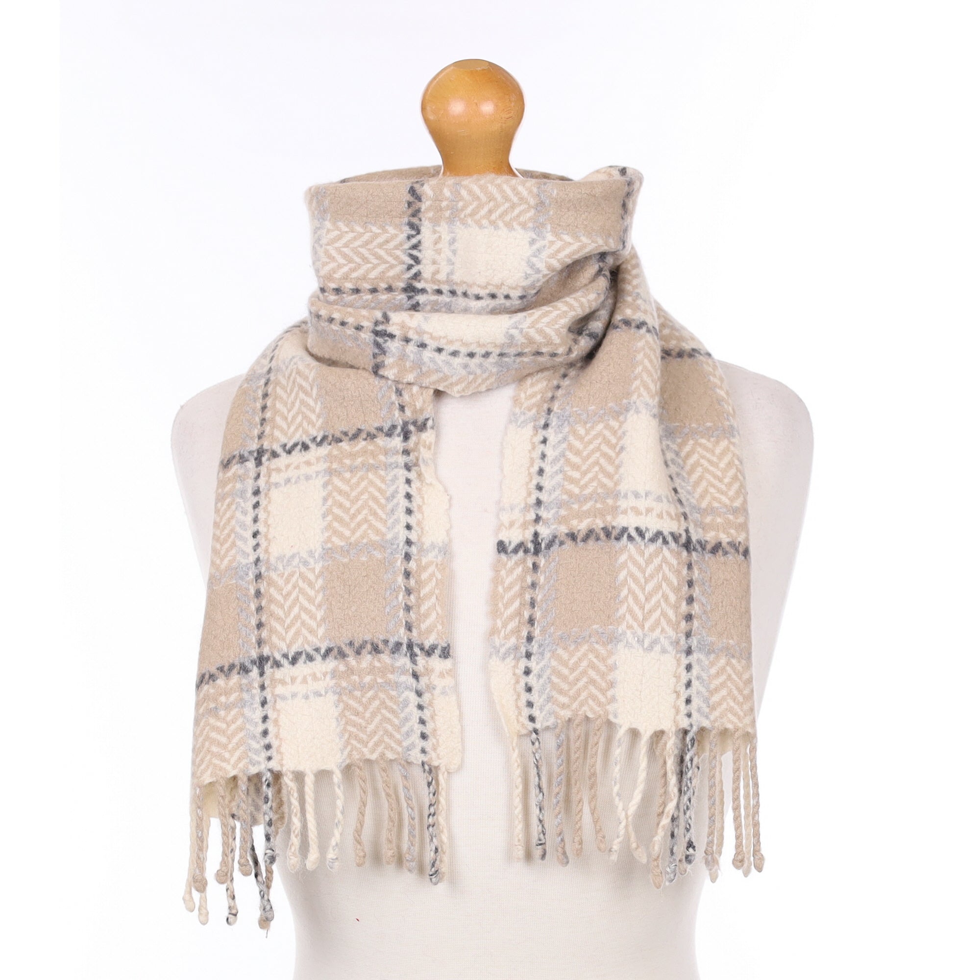 Fawn and Cream Plaid Cashmere Woven Scarf
