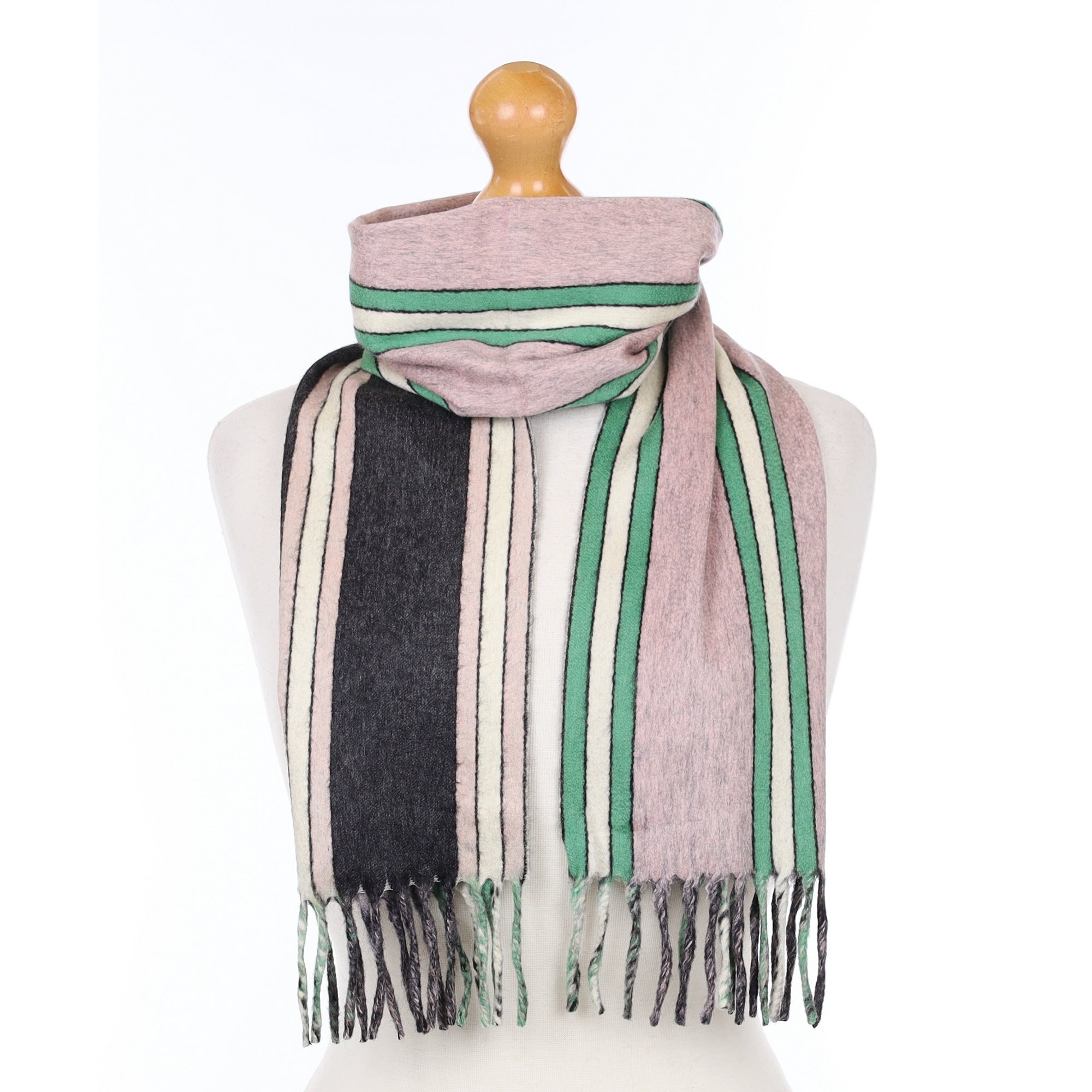 Charcoal Mauve and Green Striped Cashmere Woven Scarf