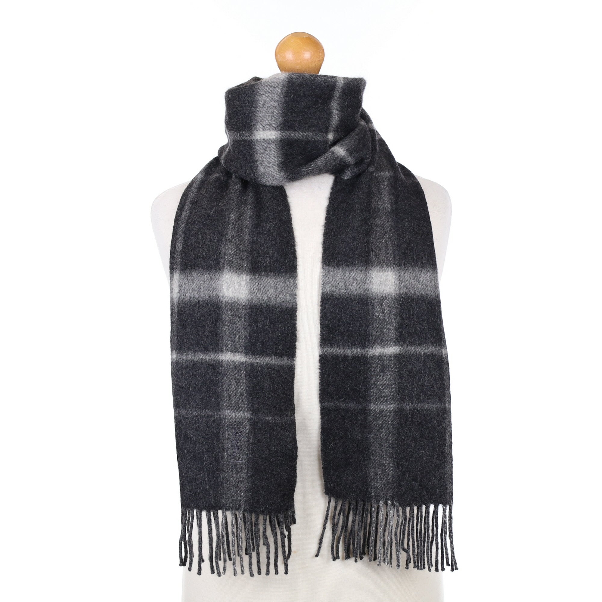 YSL Charcoal Grey Checked Cashmere Woven Scarf
