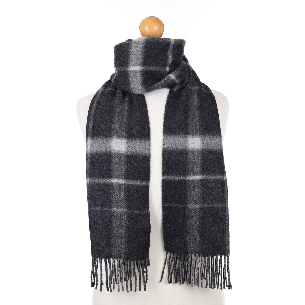 YSL Charcoal Grey Checked Cashmere Woven Scarf