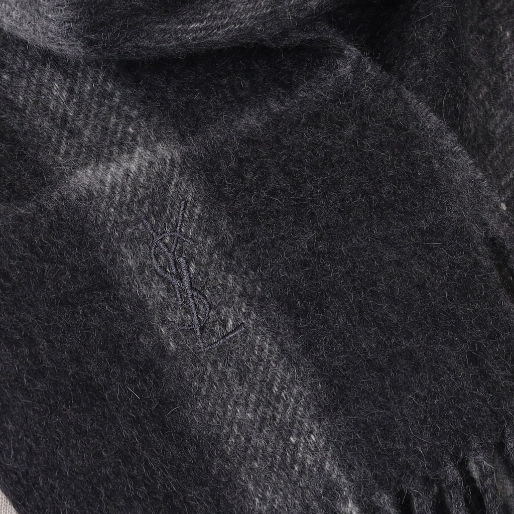 YSL Charcoal Grey Checked Cashmere Woven Scarf