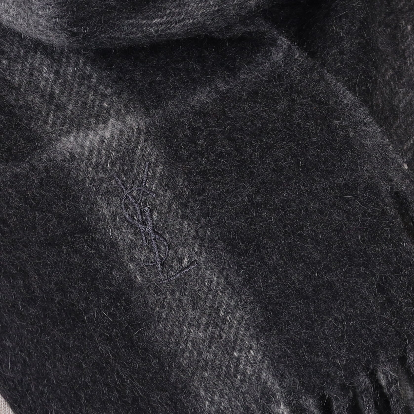 YSL Charcoal Grey Checked Cashmere Woven Scarf