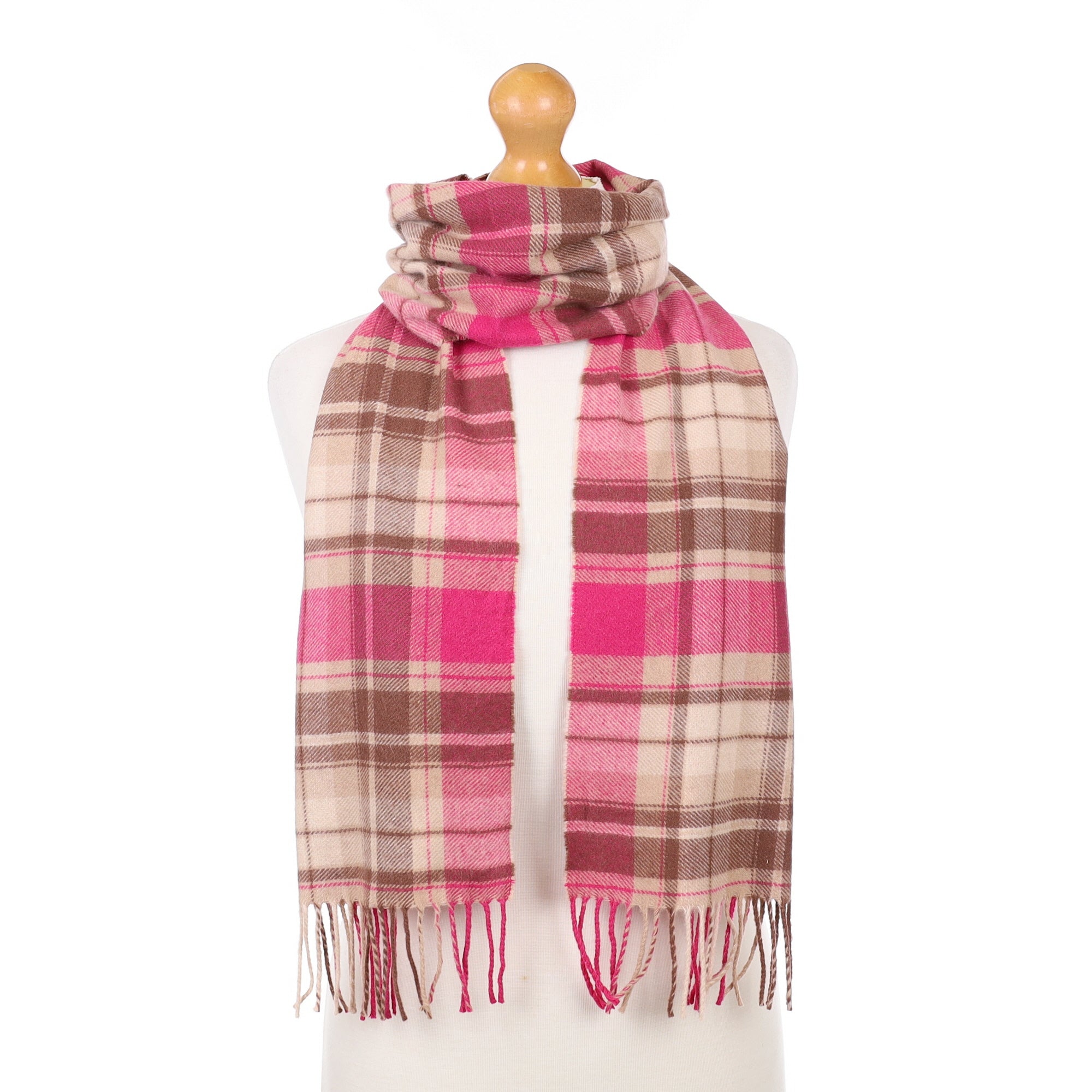 Magenta Pink and Brown Plaid Cashmere Woven Scarf
