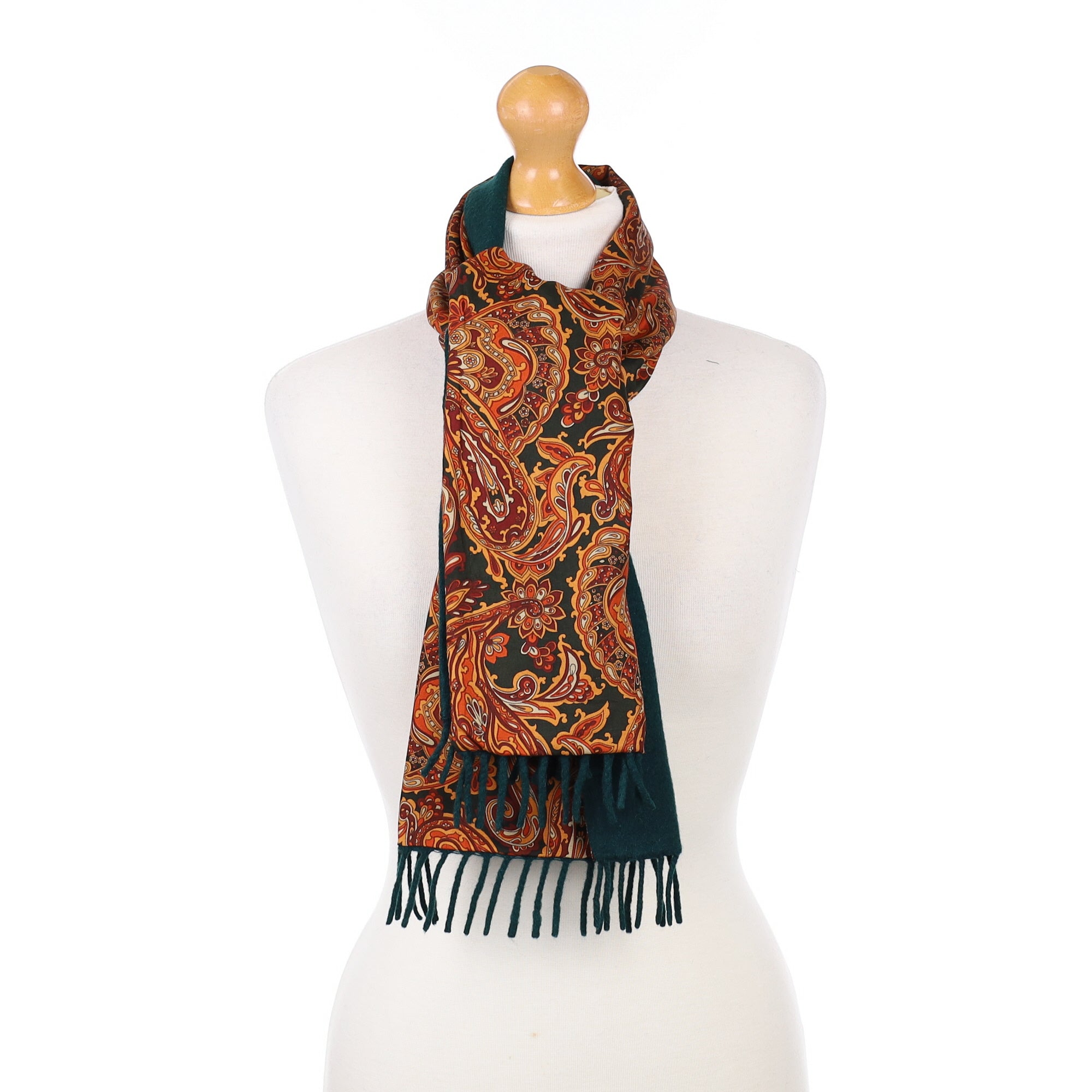 Reversible Green and Orange Patterned Cashmere Woven Scarf