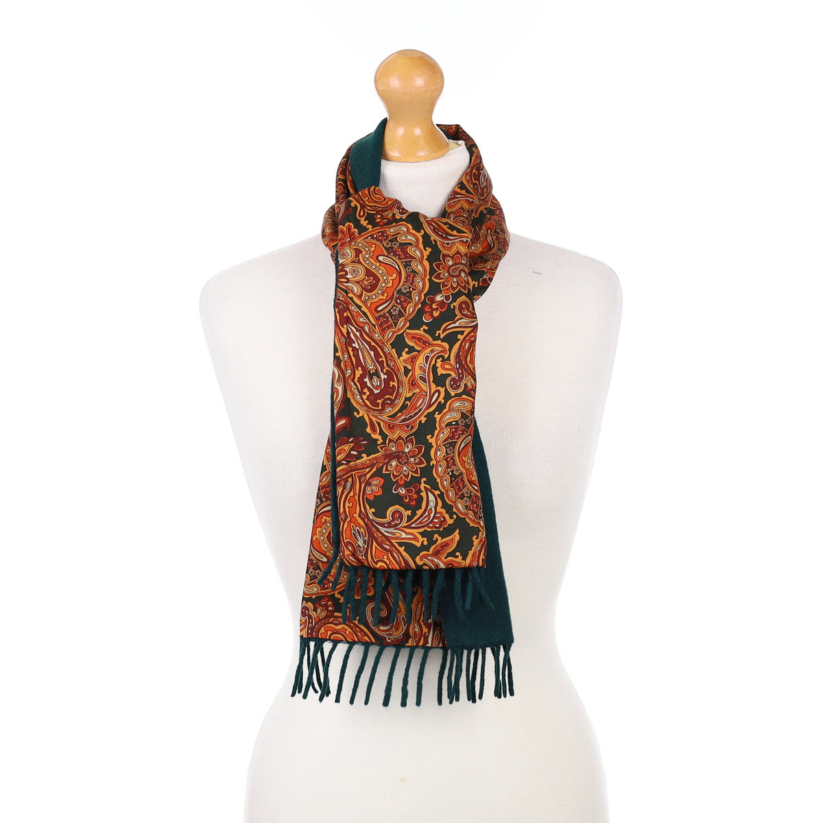 Reversible Green and Orange Patterned Cashmere Woven Scarf