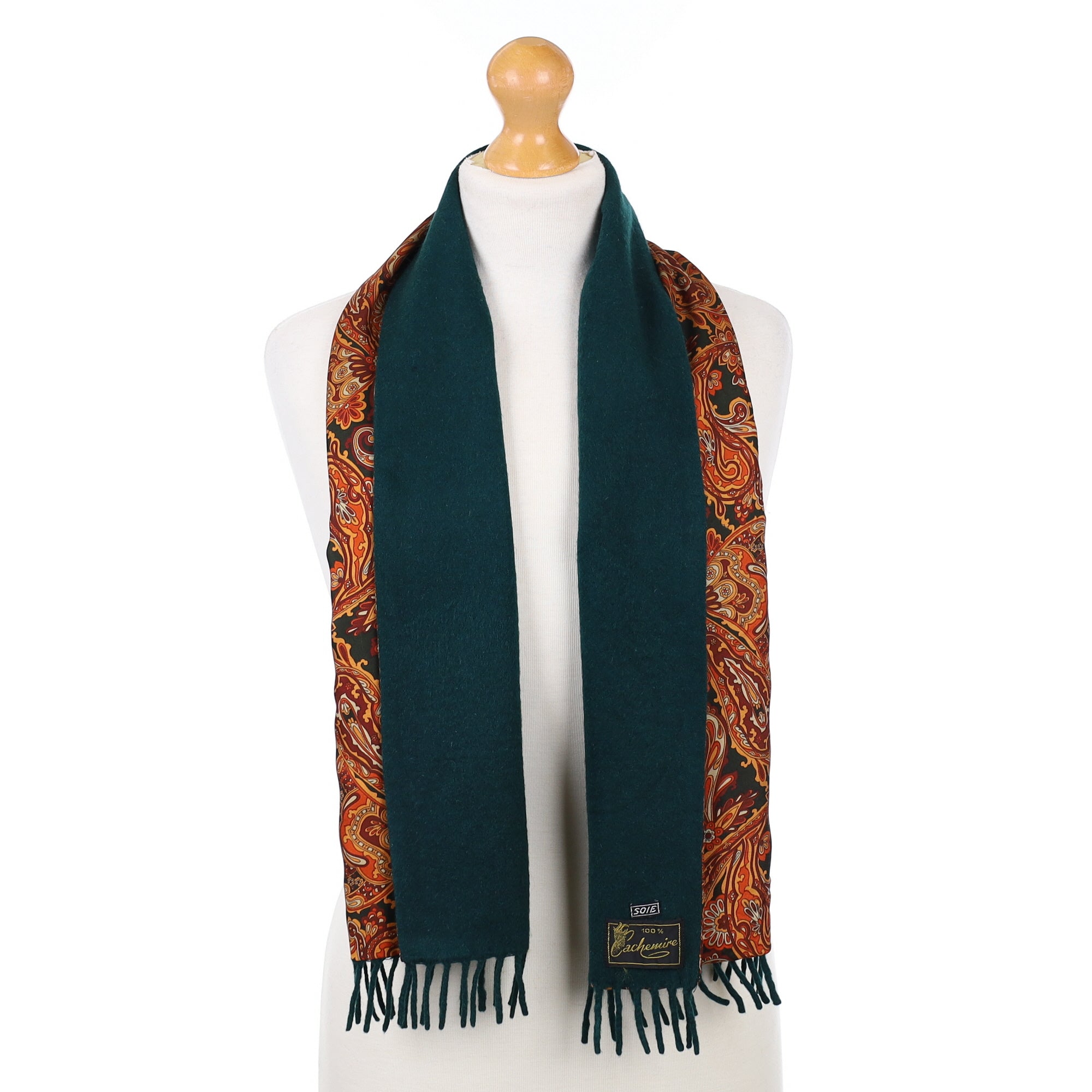 Reversible Green and Orange Patterned Cashmere Woven Scarf