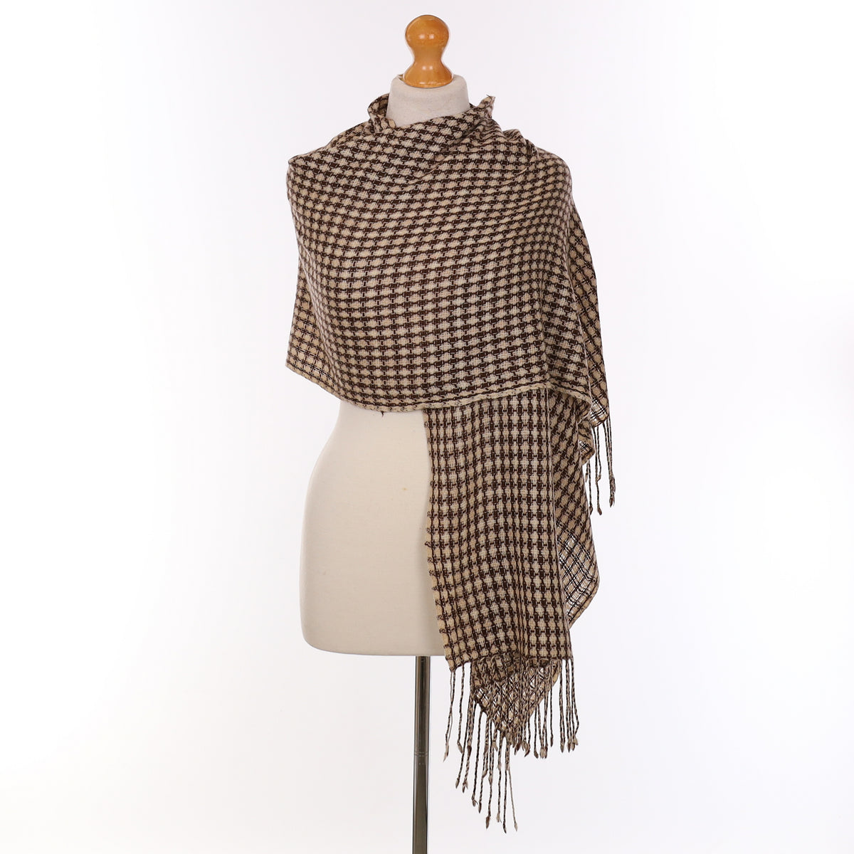 Chocolate and Ivory Patterned Cashmere Woven Wrap