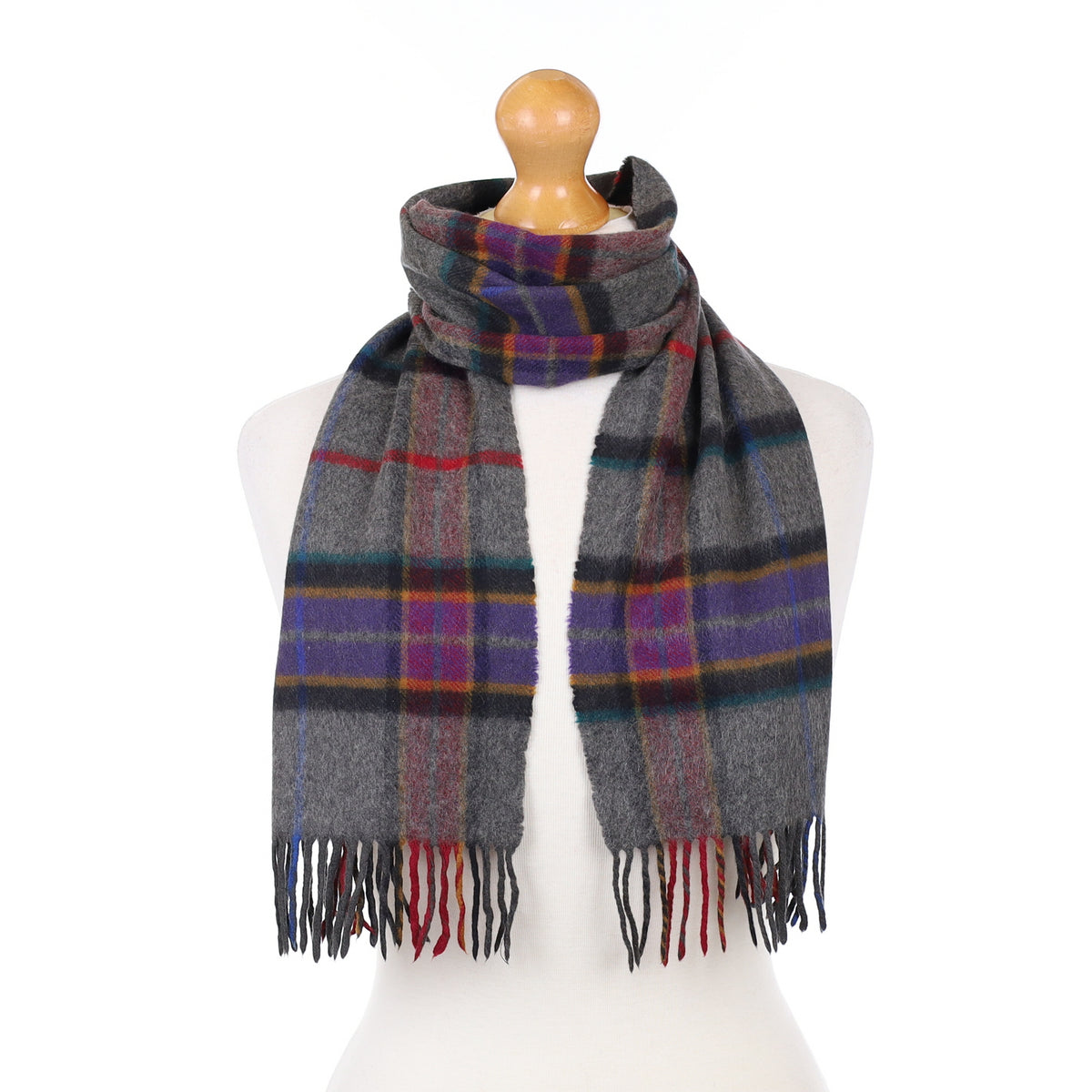 Grey Purple and Yellow Plaid Cashmere Woven Scarf