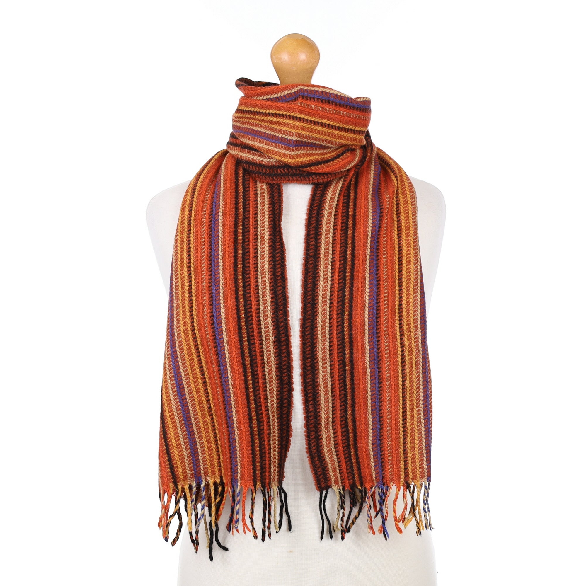 Orange Blue and Black Striped Cashmere Woven Scarf