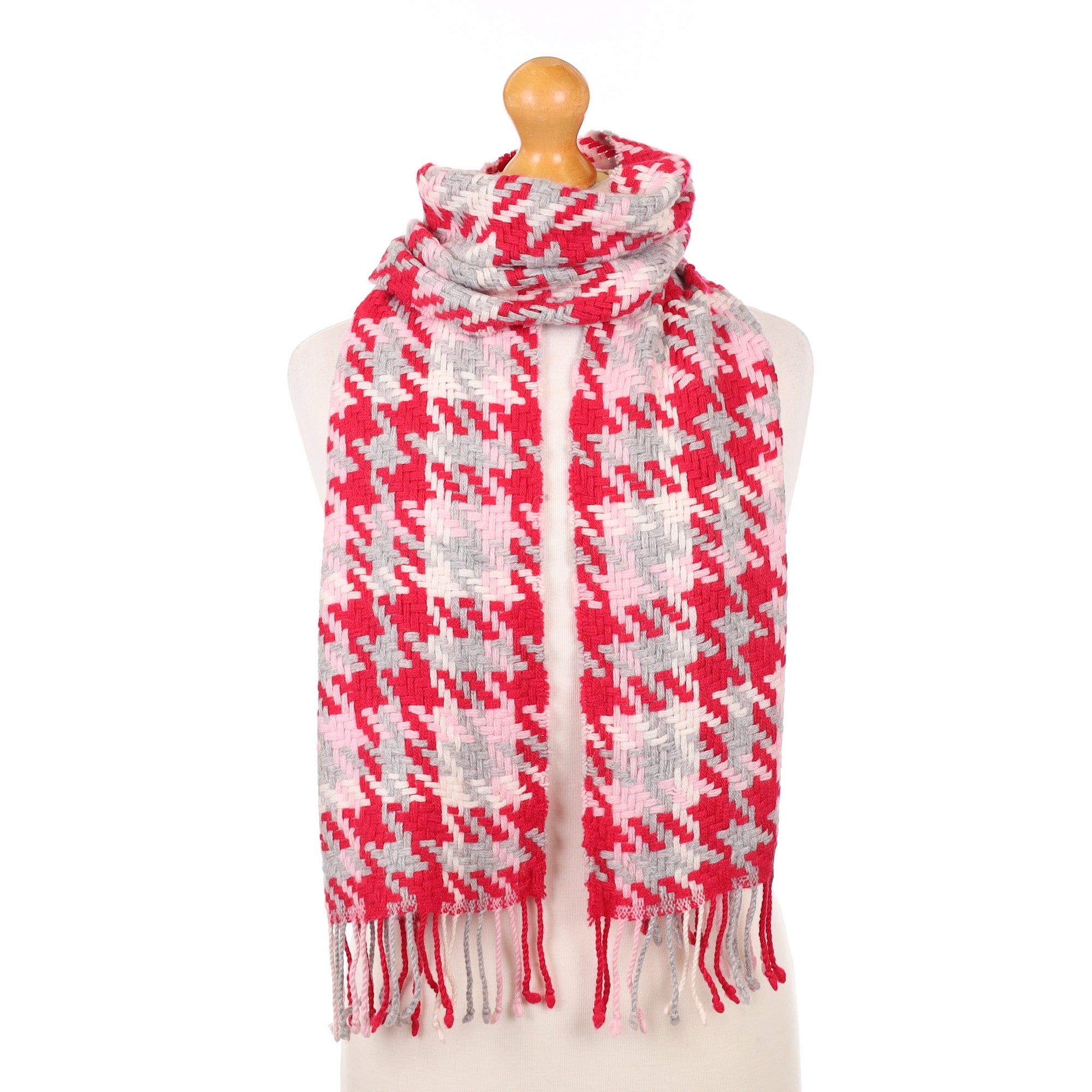 Red and Pink Patterned Knitted Scarf