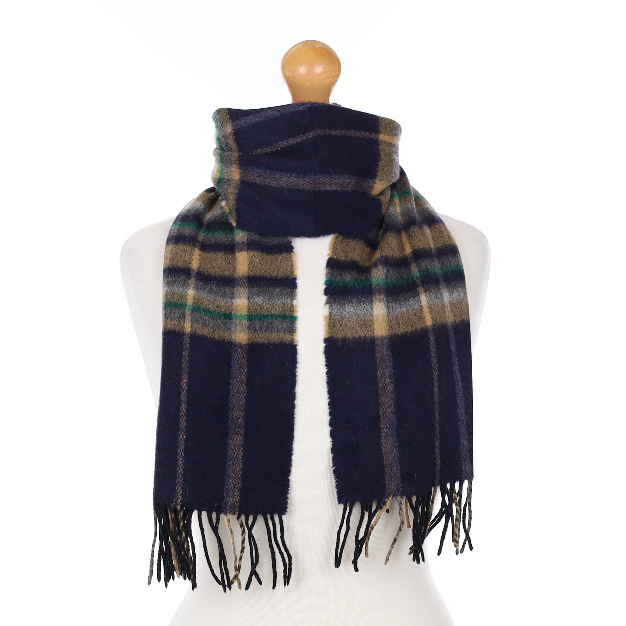 Navy Green and Brown Checked Cashmere Woven Scarf