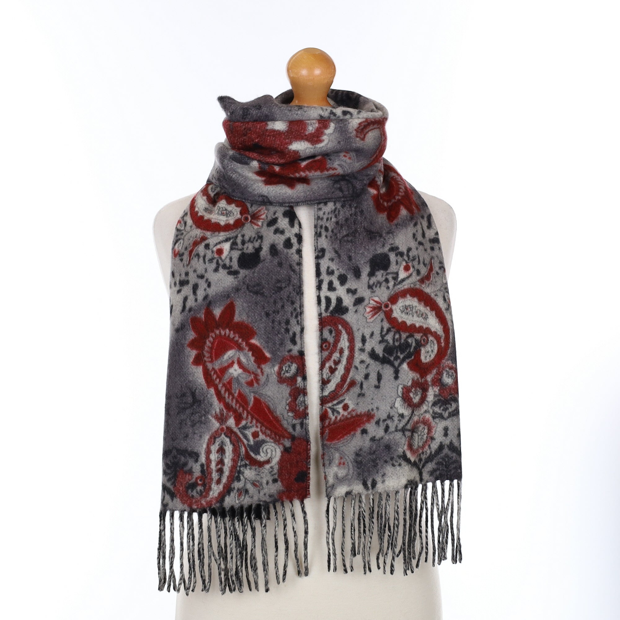 Burgundy and Grey Floral  Cashmere Woven Scarf