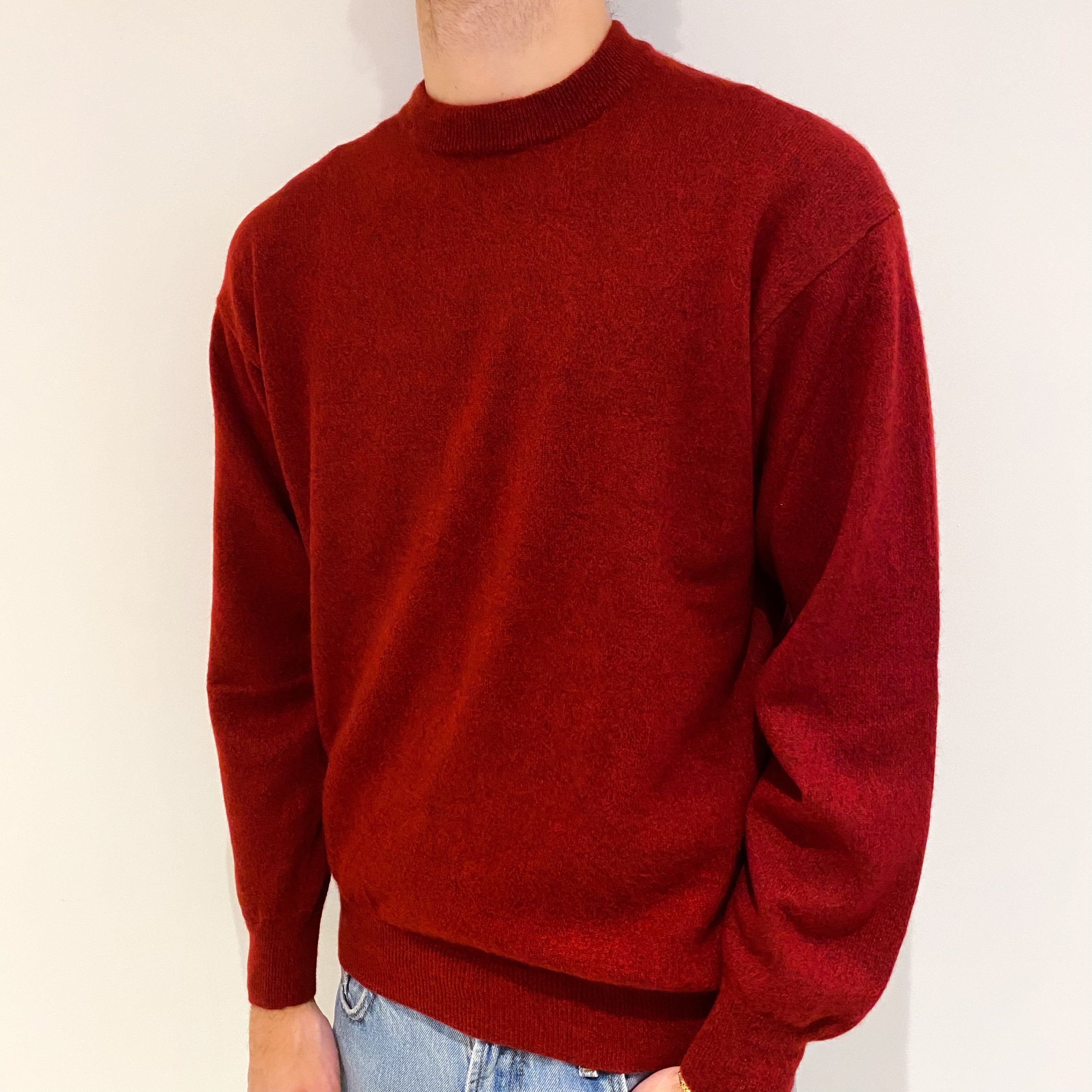 Men's Crimson Red Cashmere Crew Neck Jumper Large