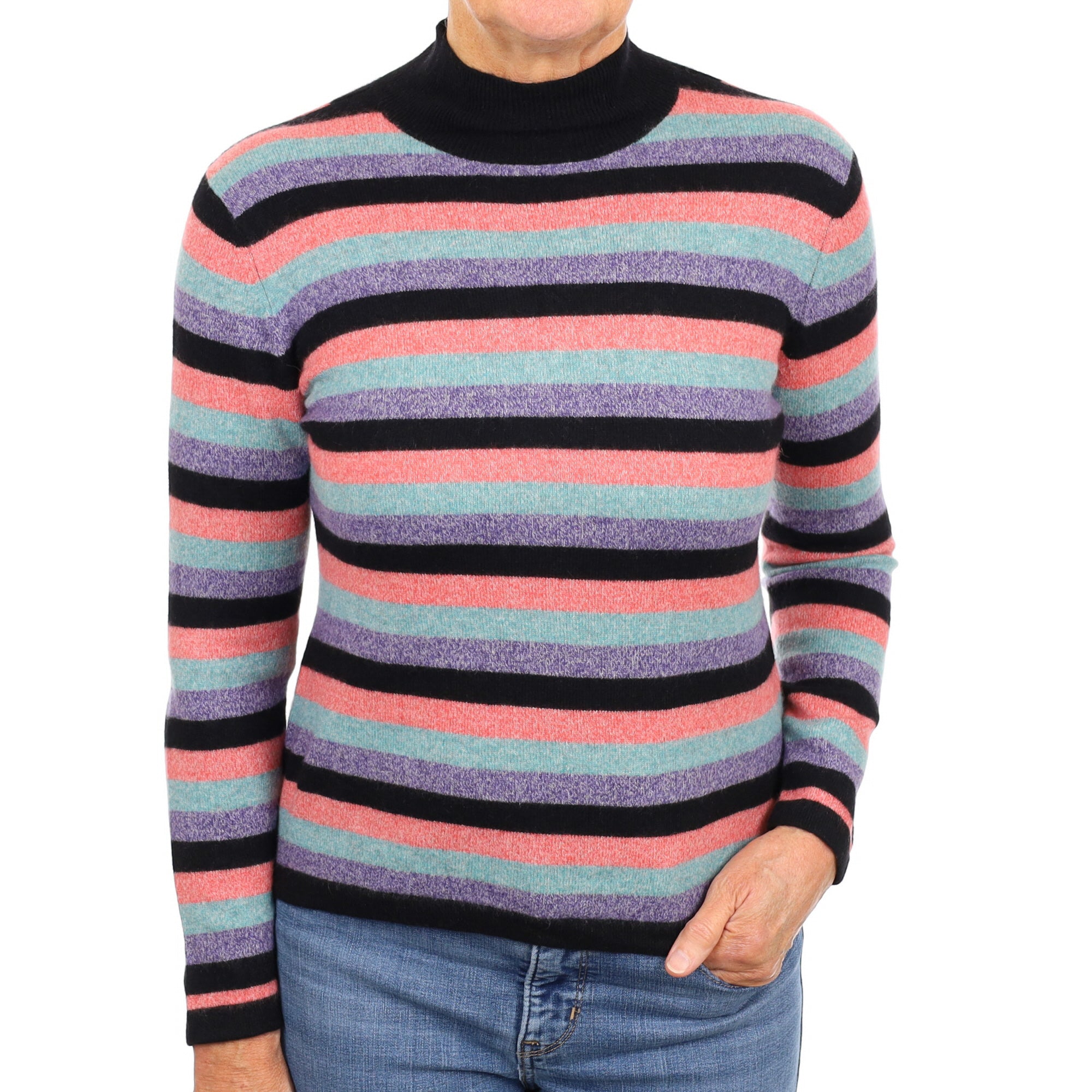 Black Colourful Stripe Cashmere Turtle Neck Jumper Medium