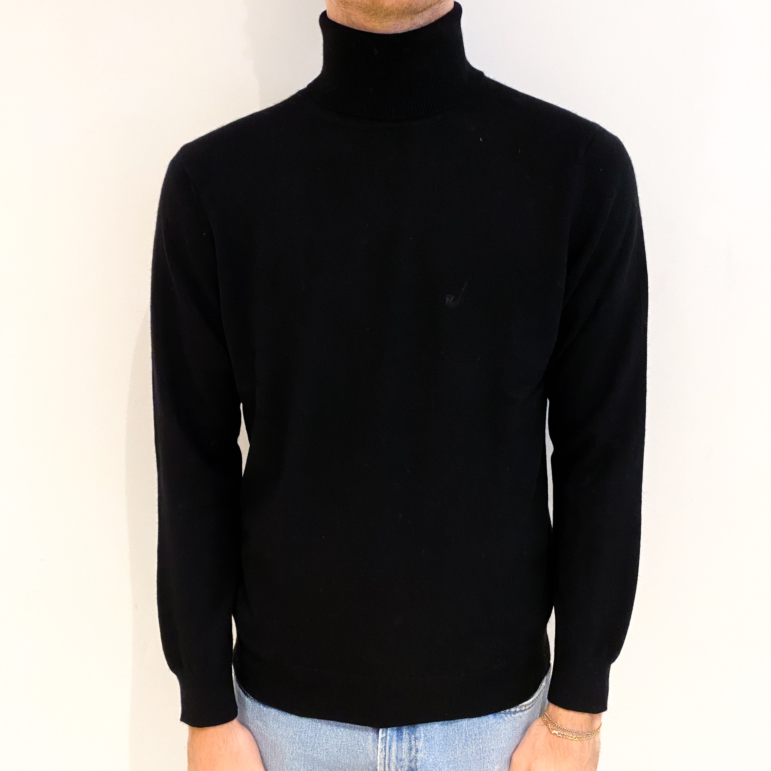 Men's Black Cashmere Polo Neck Jumper Medium