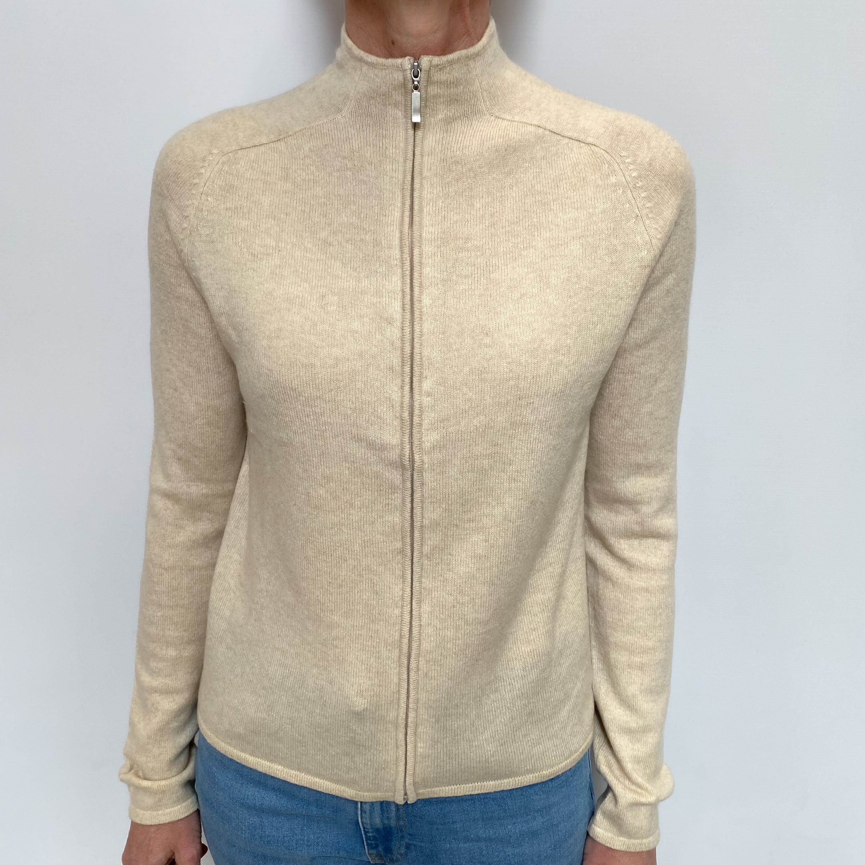 Oatmeal Cashmere Zip Up Funnel Neck Cardigan Small