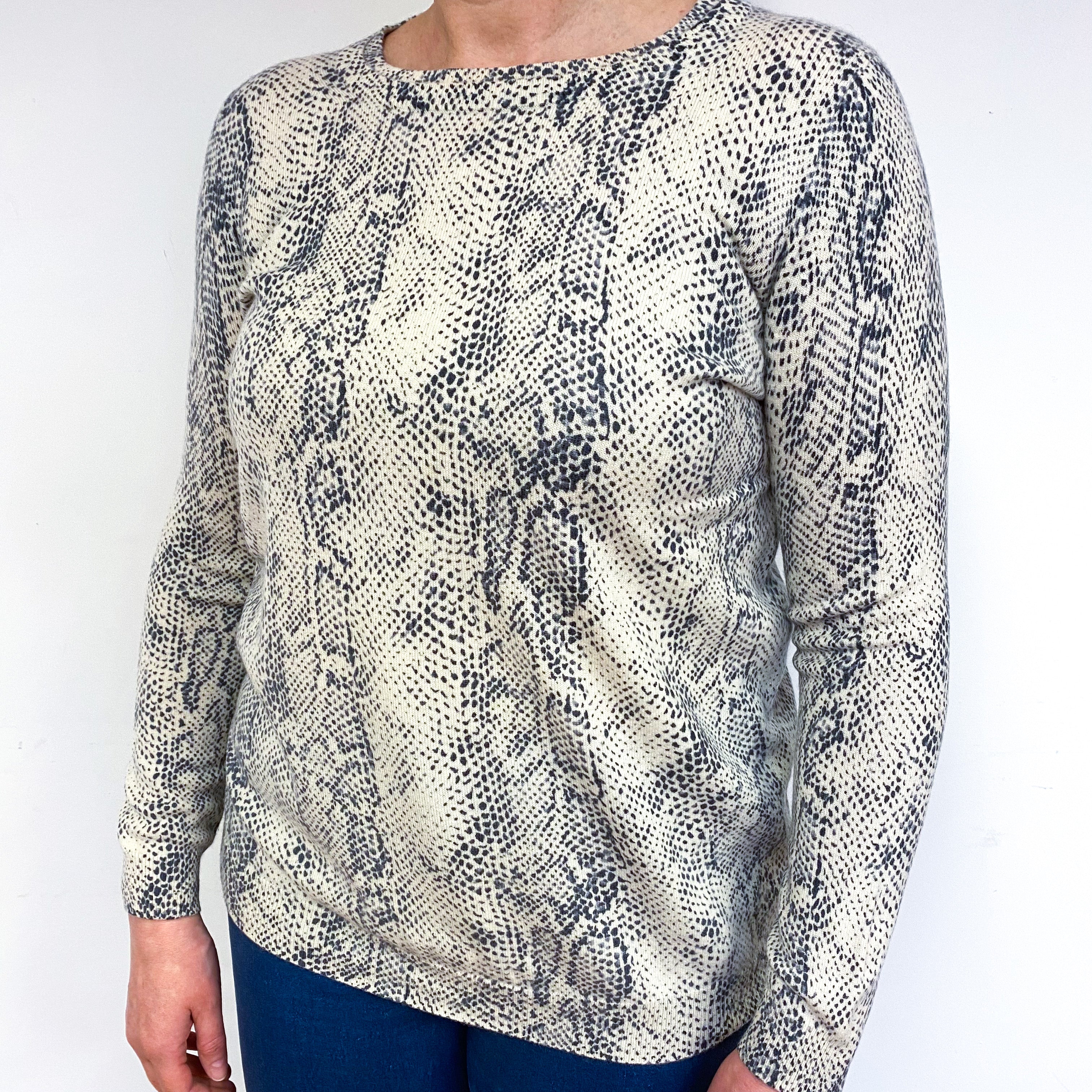 Ivory Cream Snakeskin Pattern Cashmere Crew Neck Jumper Large