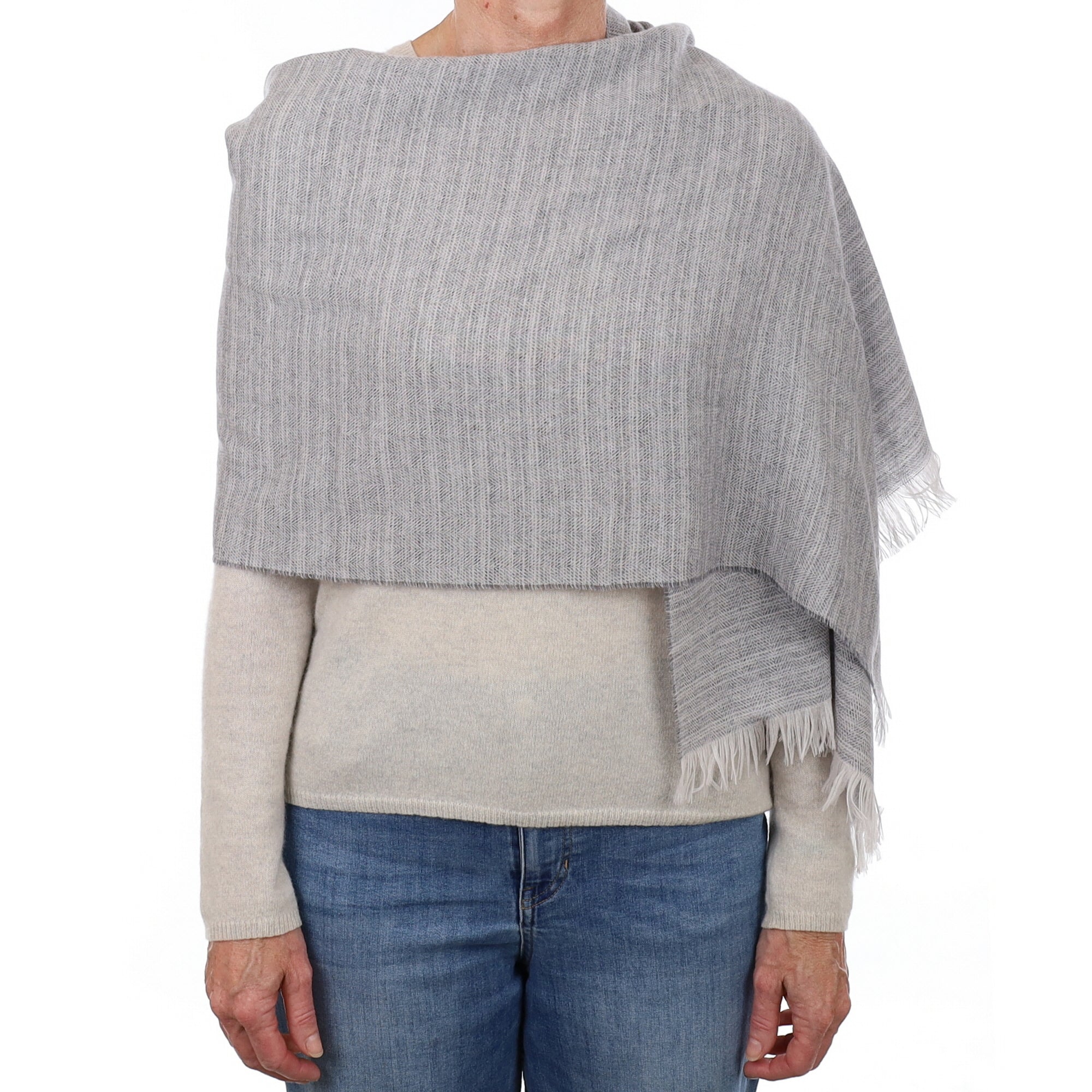 Brand New British Smoke Grey and Ivory Luxury Woven Cashmere Mini Wrap
