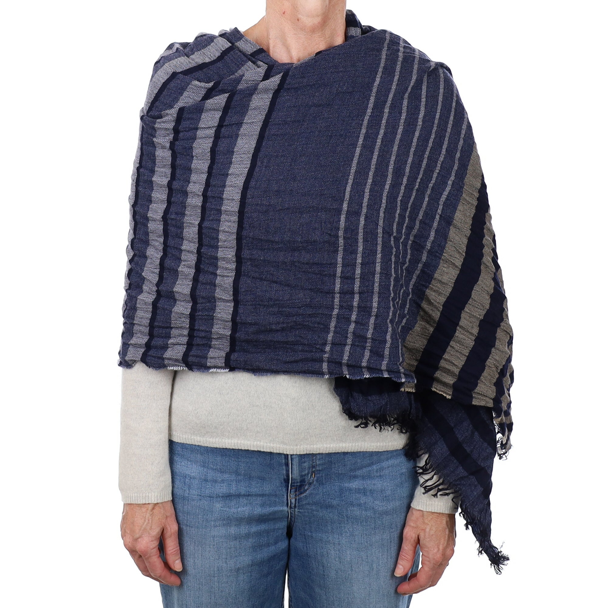Brand New British Midnight Blue and Sand Luxury Woven Cashmere Crinkle Wrap