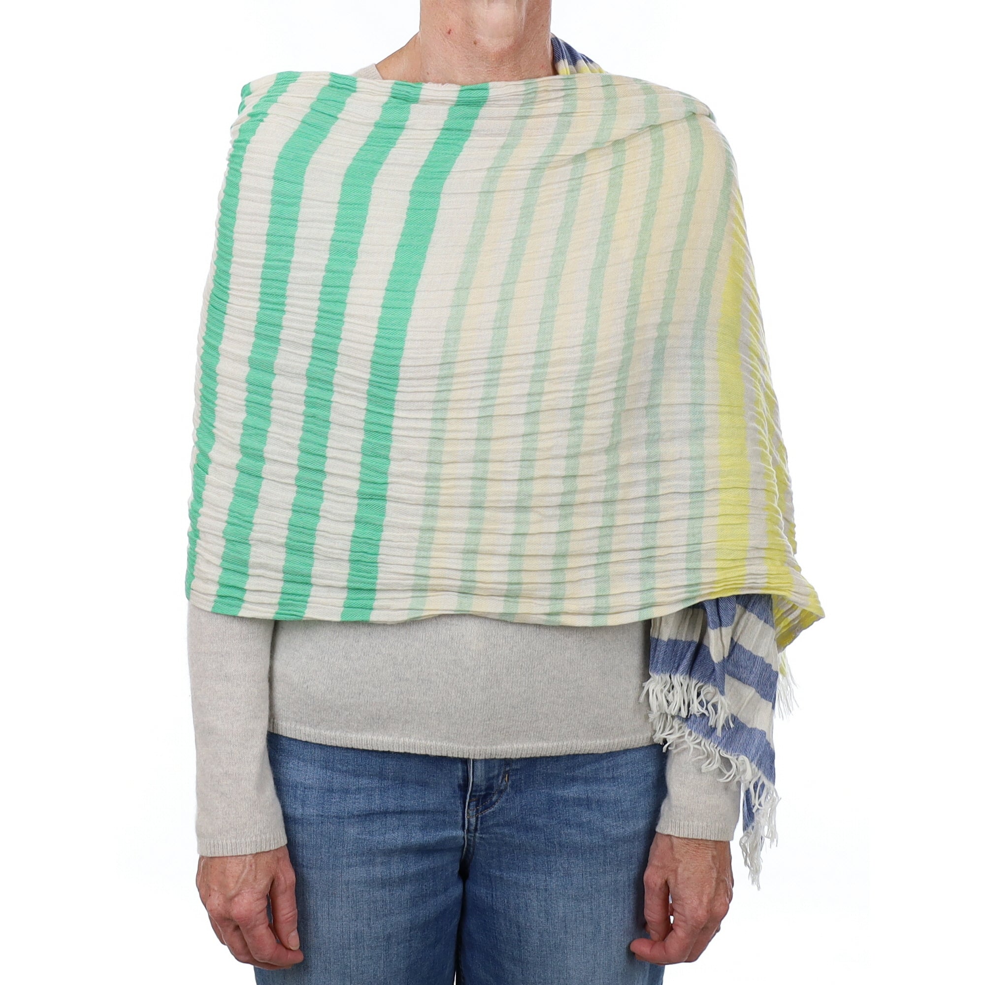 Brand New British Primrose Jade and Denim Luxury Woven Cashmere Crinkle Wrap