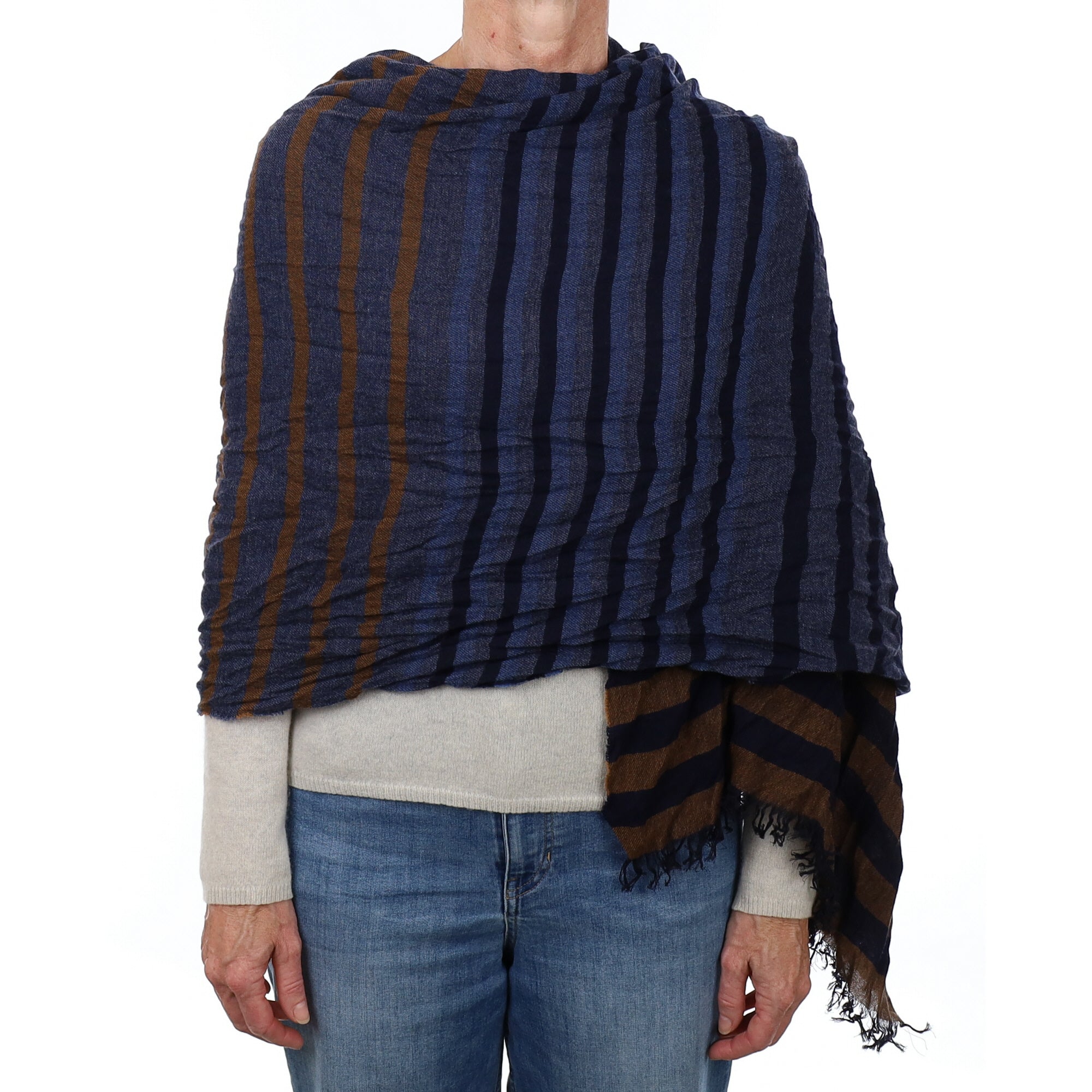 Brand New British Midnight Blue and Chestnut Luxury Woven Cashmere Crinkle Wrap