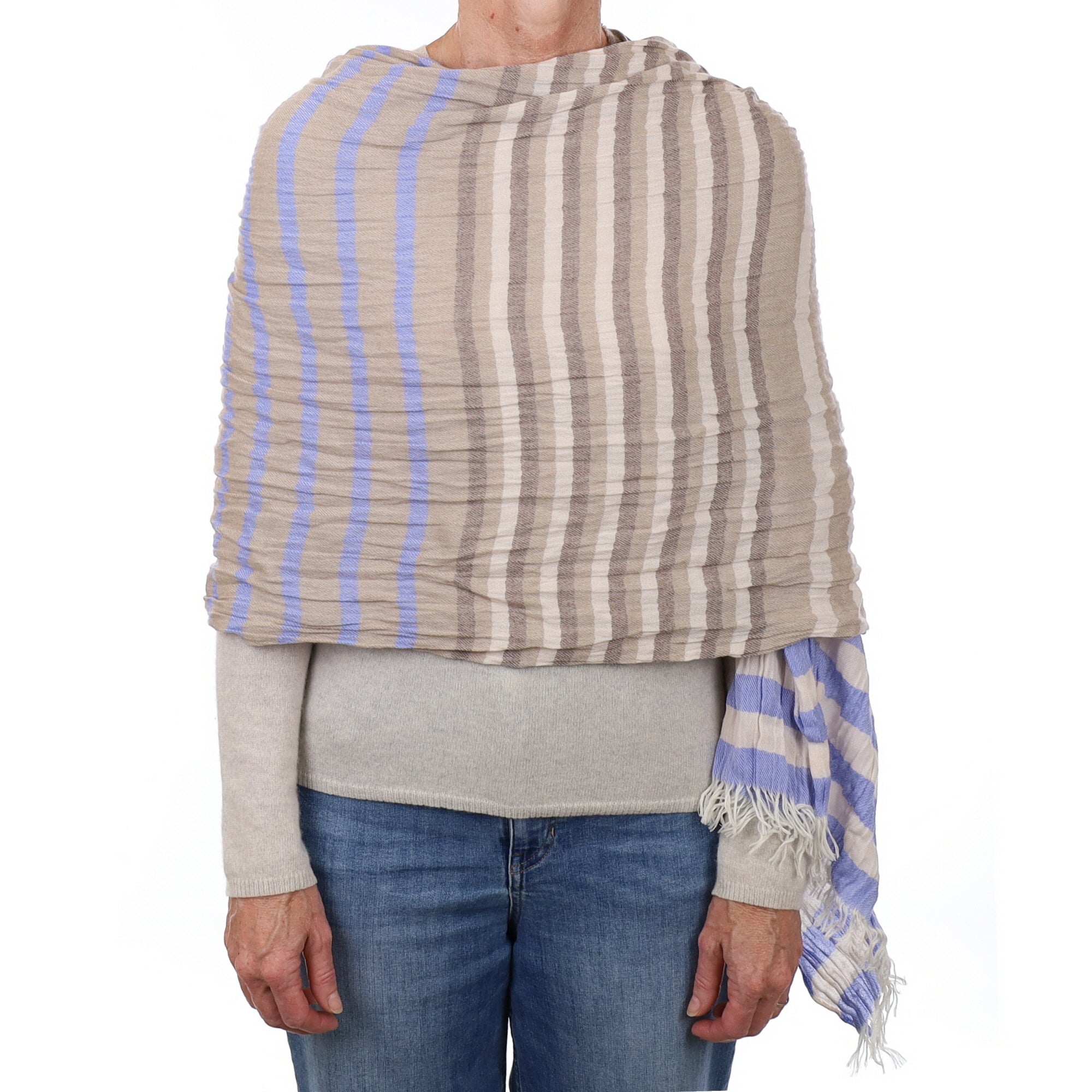 Brand New British Mink and Sky Blue Luxury Woven Cashmere Crinkle Wrap