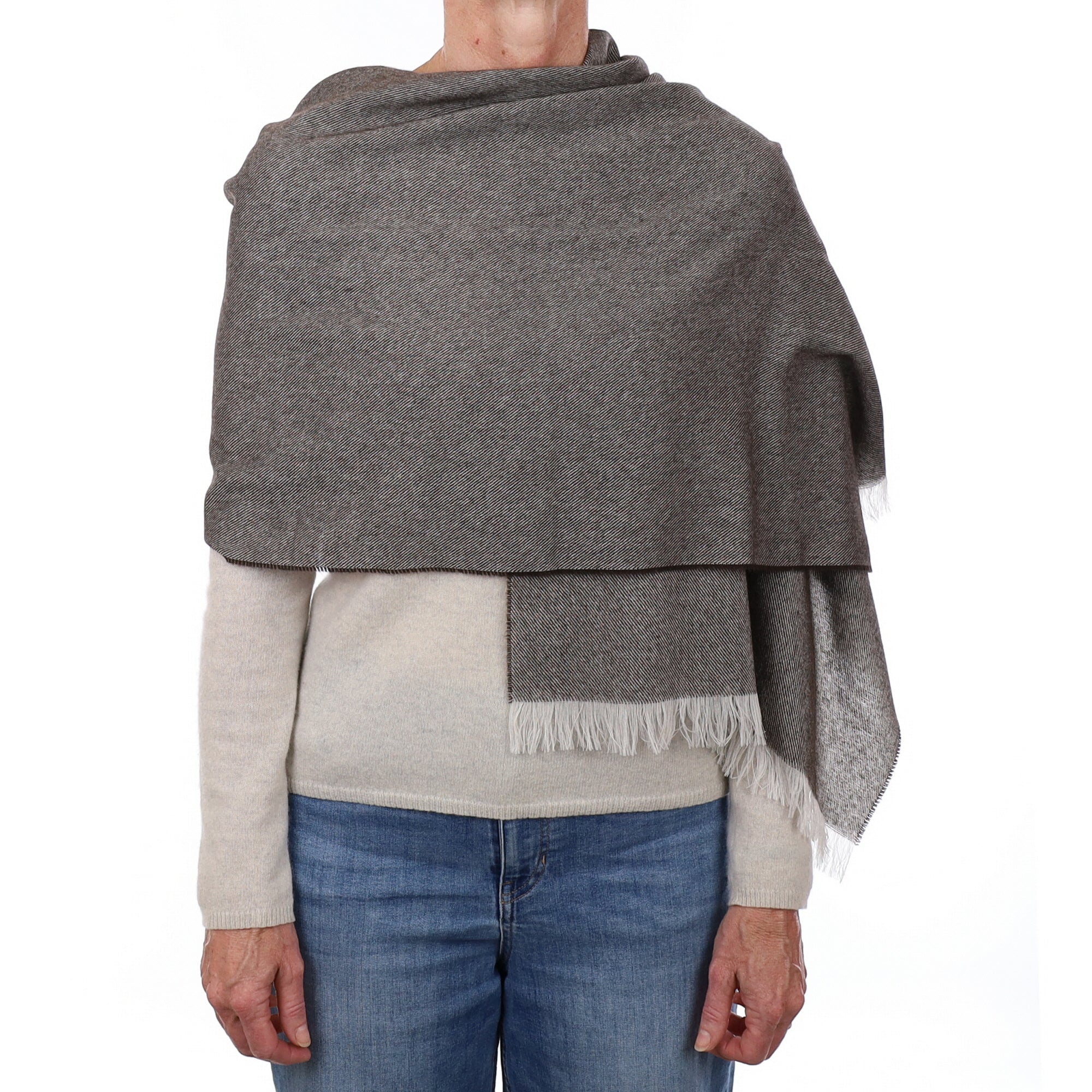 Brand New British Bitter Chocolate & Ivory Luxury Woven Cashmere Mini Wrap