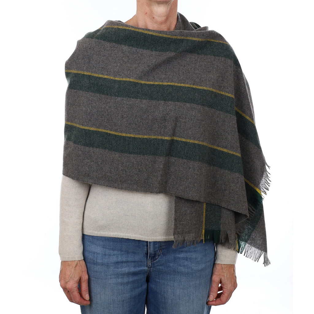 Brand New Scottish Slate Grey & Yellow Stripe Luxury Woven Cashmere Mini Wrap