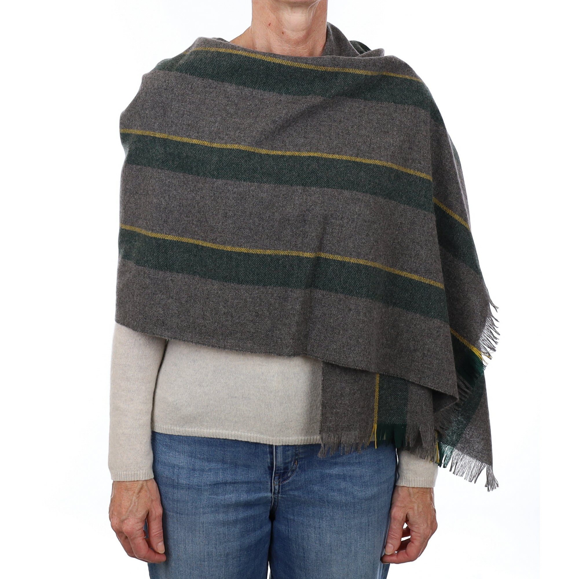 Brand New Scottish Slate Grey & Yellow Stripe Luxury Woven Cashmere Mini Wrap