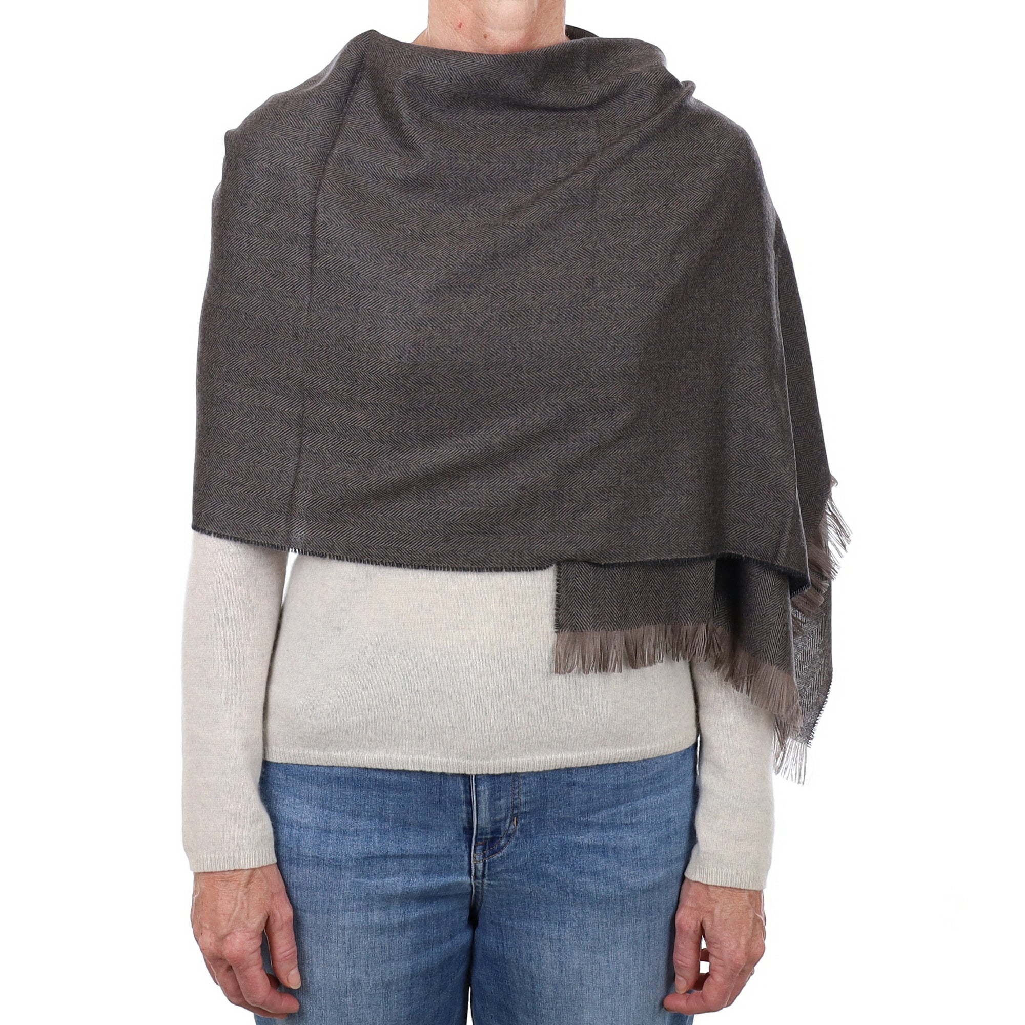 Brand New Scottish Grey & Mocha Herringbone Luxury Woven Cashmere Mini Wrap