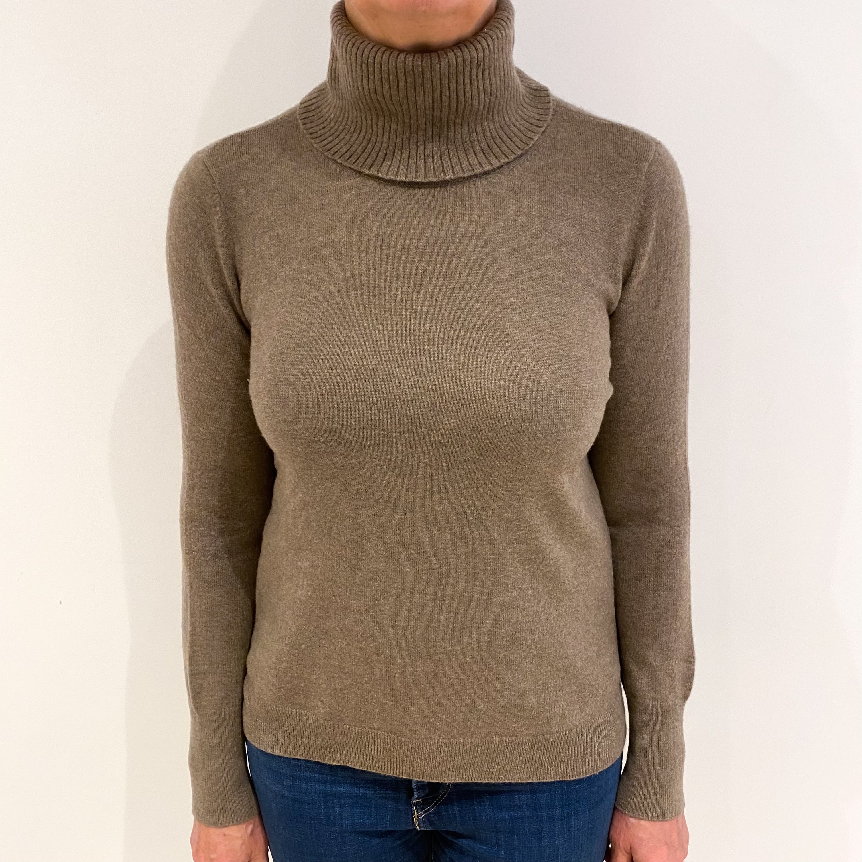 Mocha Brown Cashmere Polo Neck Jumper Medium
