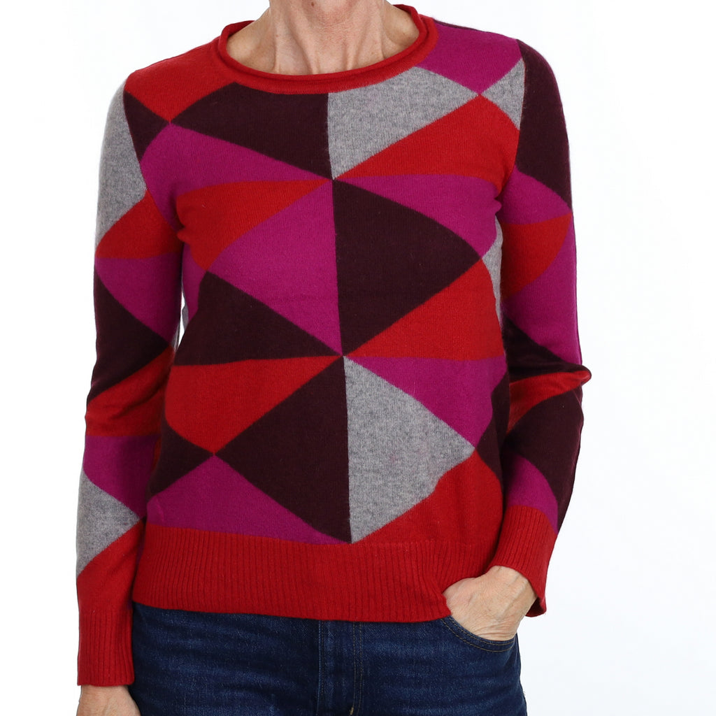 Red and Magenta Geometric Cashmere Crew Neck Jumper Small