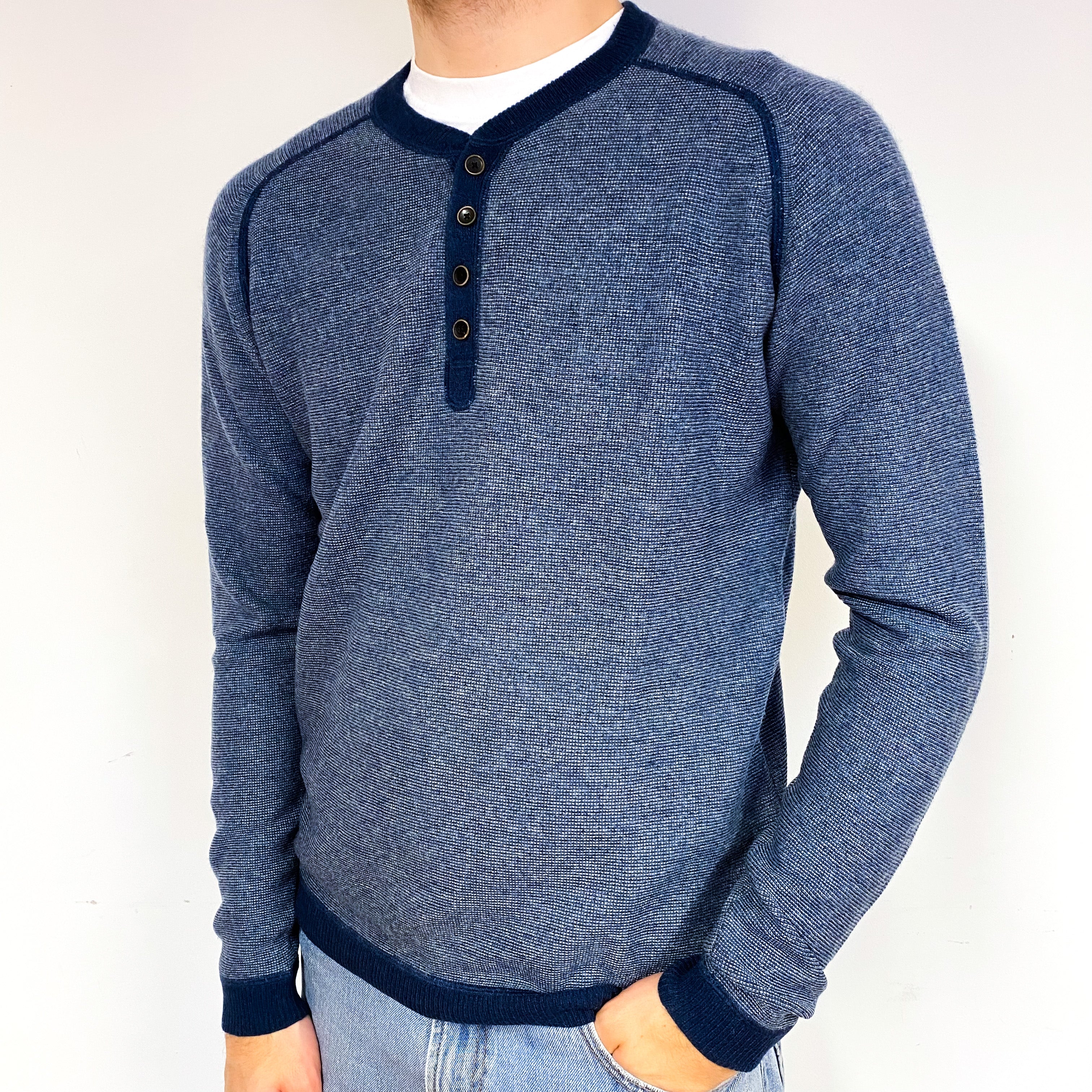 Men's Blue Two-Tone Cashmere 1/4 Button Crew Neck Jumper Large