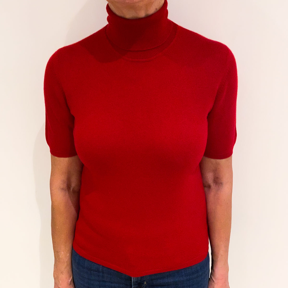 Scarlet Red Cashmere Short Sleeved Polo Neck Jumper Medium