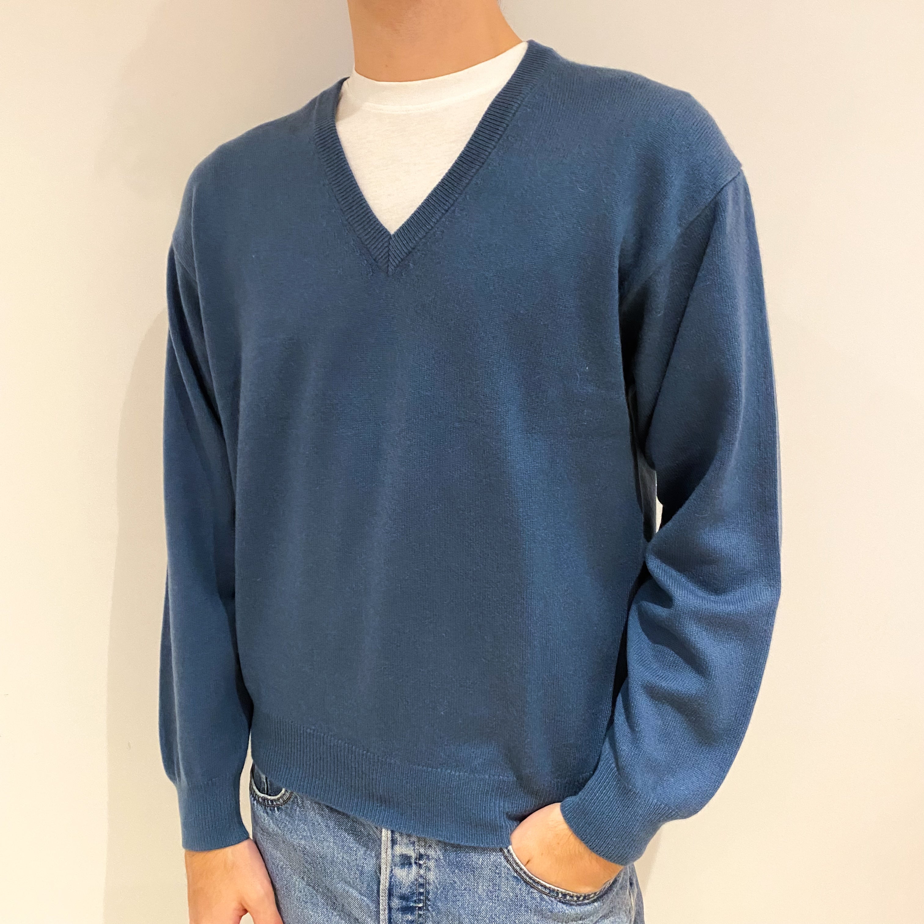 Men's Denim Blue Cashmere V Neck Jumper Large