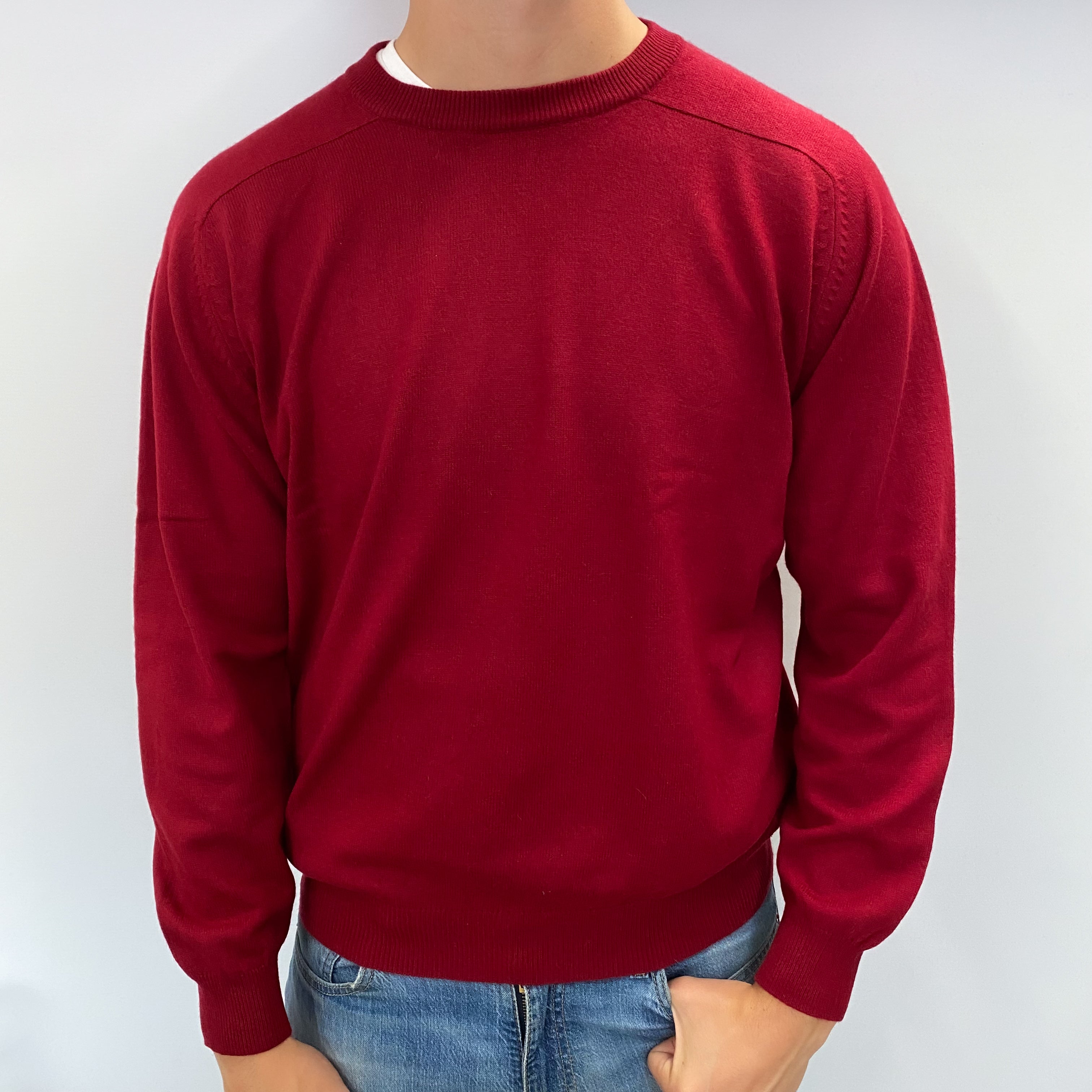 Men's Crimson Red Cashmere Crew Neck Jumper XXL