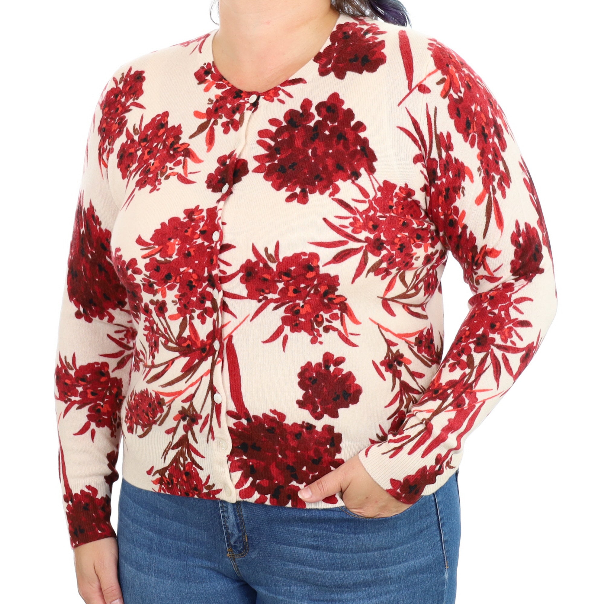 Cream Red Floral Cashmere Crew Neck Cardigan Large