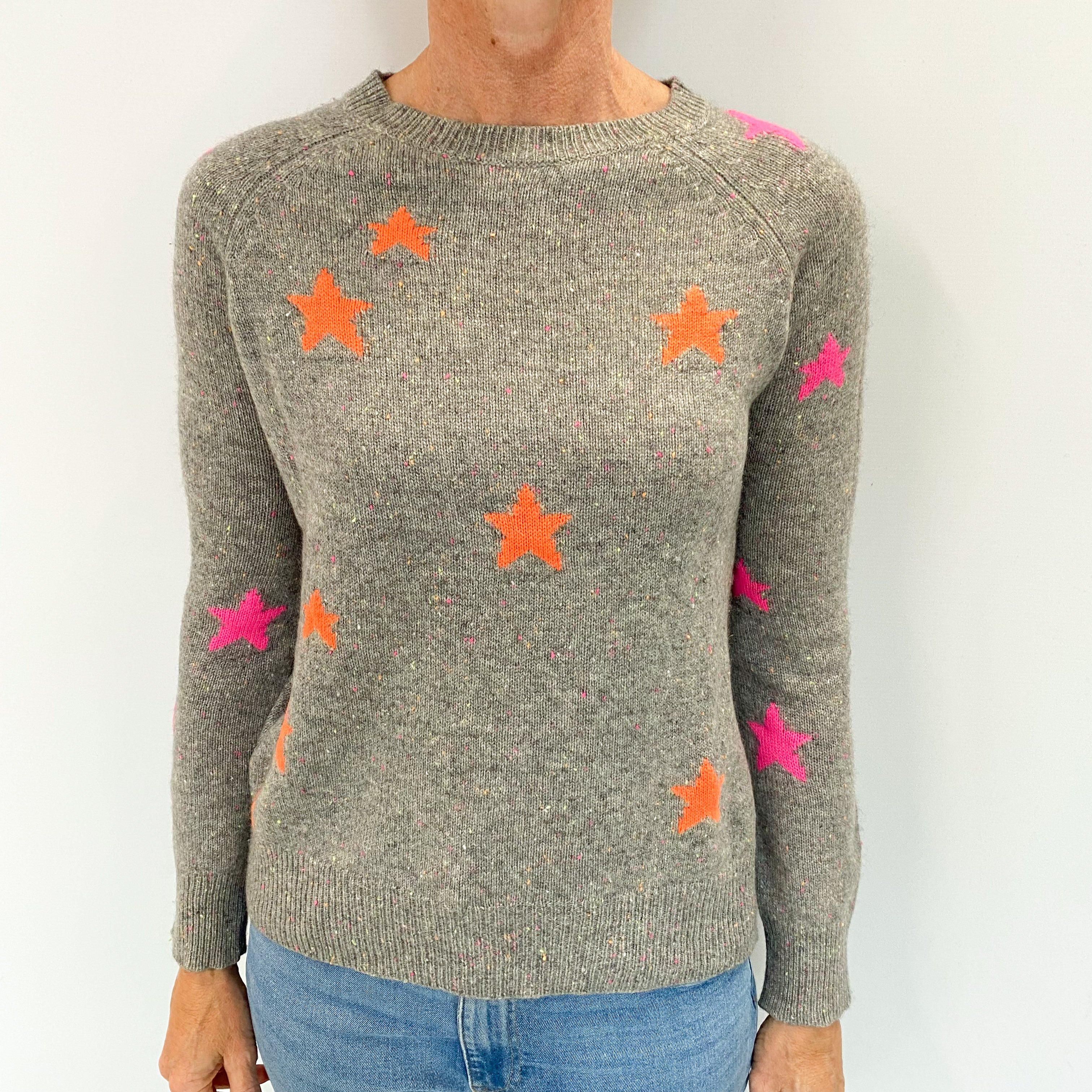 Grey Flecked Starry Cashmere Crew Neck Jumper Small