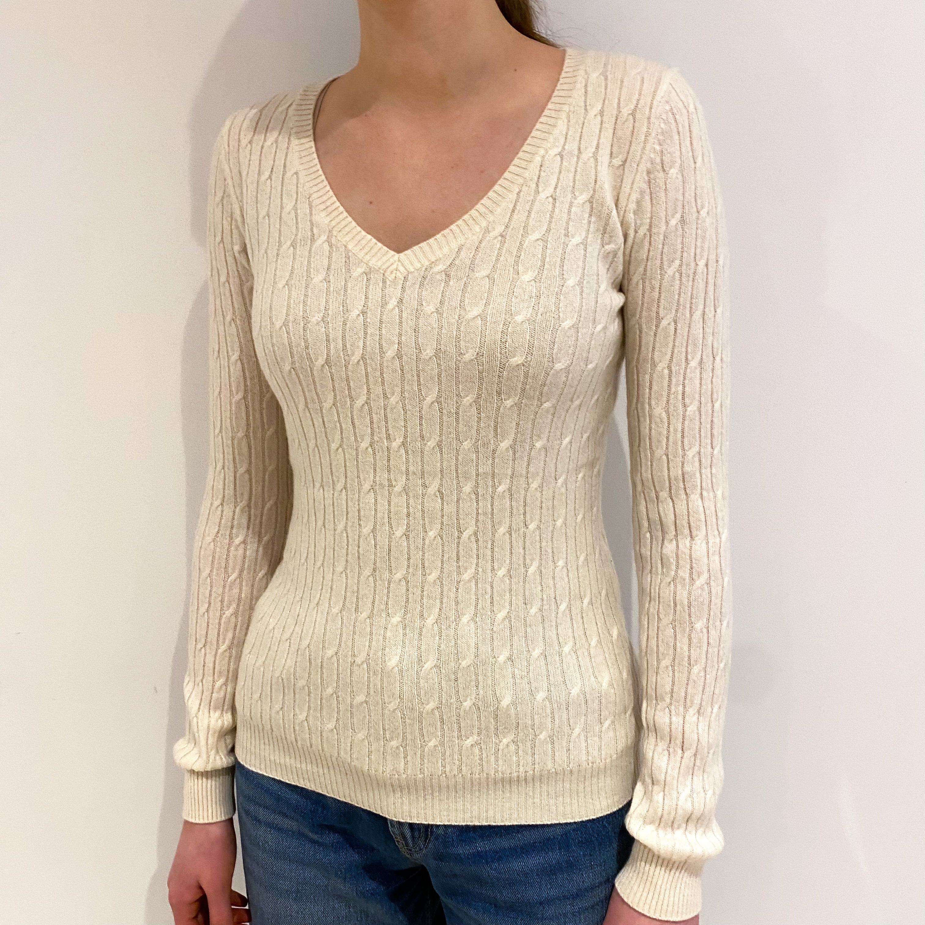 Ivory Cable Cashmere V Neck Jumper Extra Small