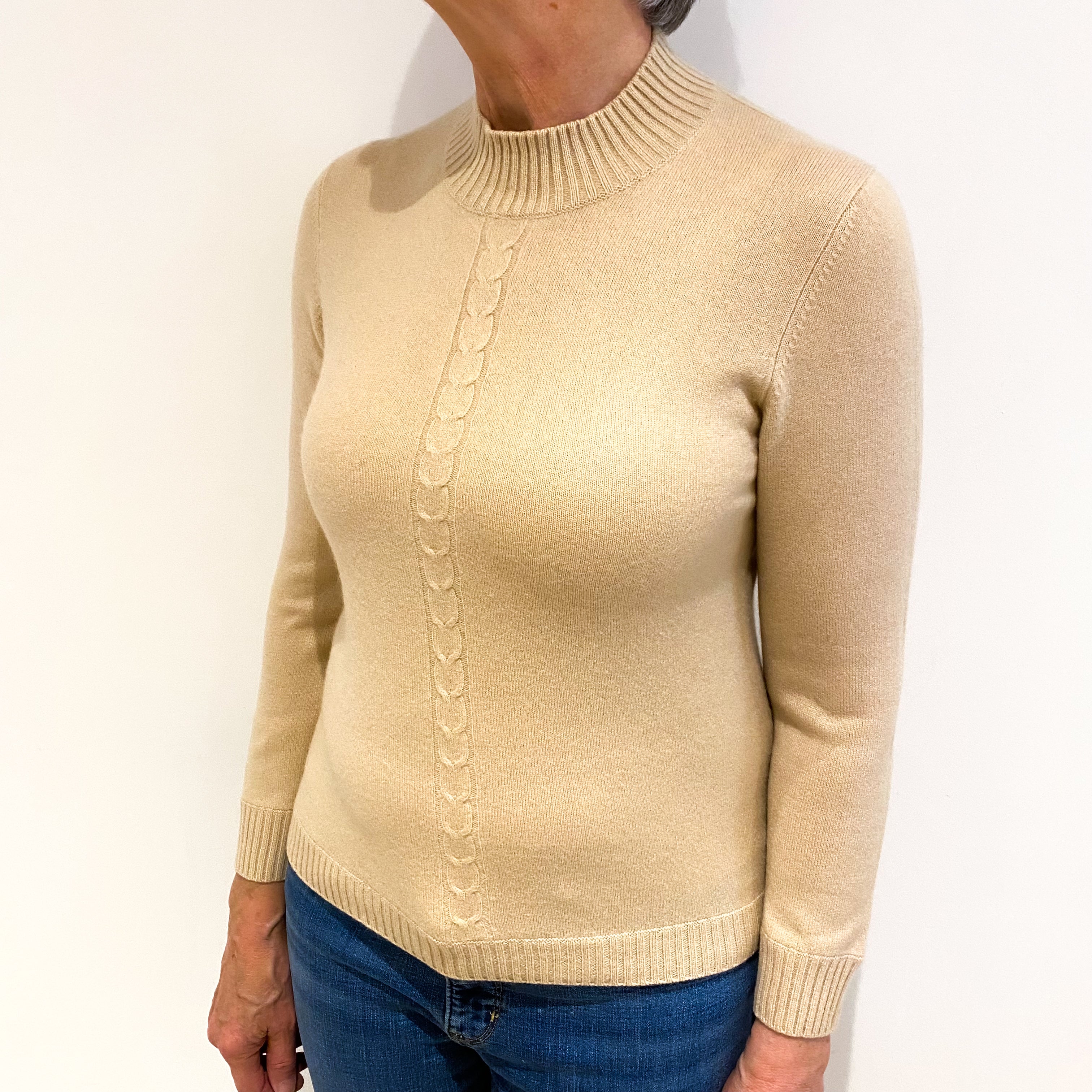 Buttermilk Beige Cashmere Turtle Neck Cable Knit Front Jumper Medium