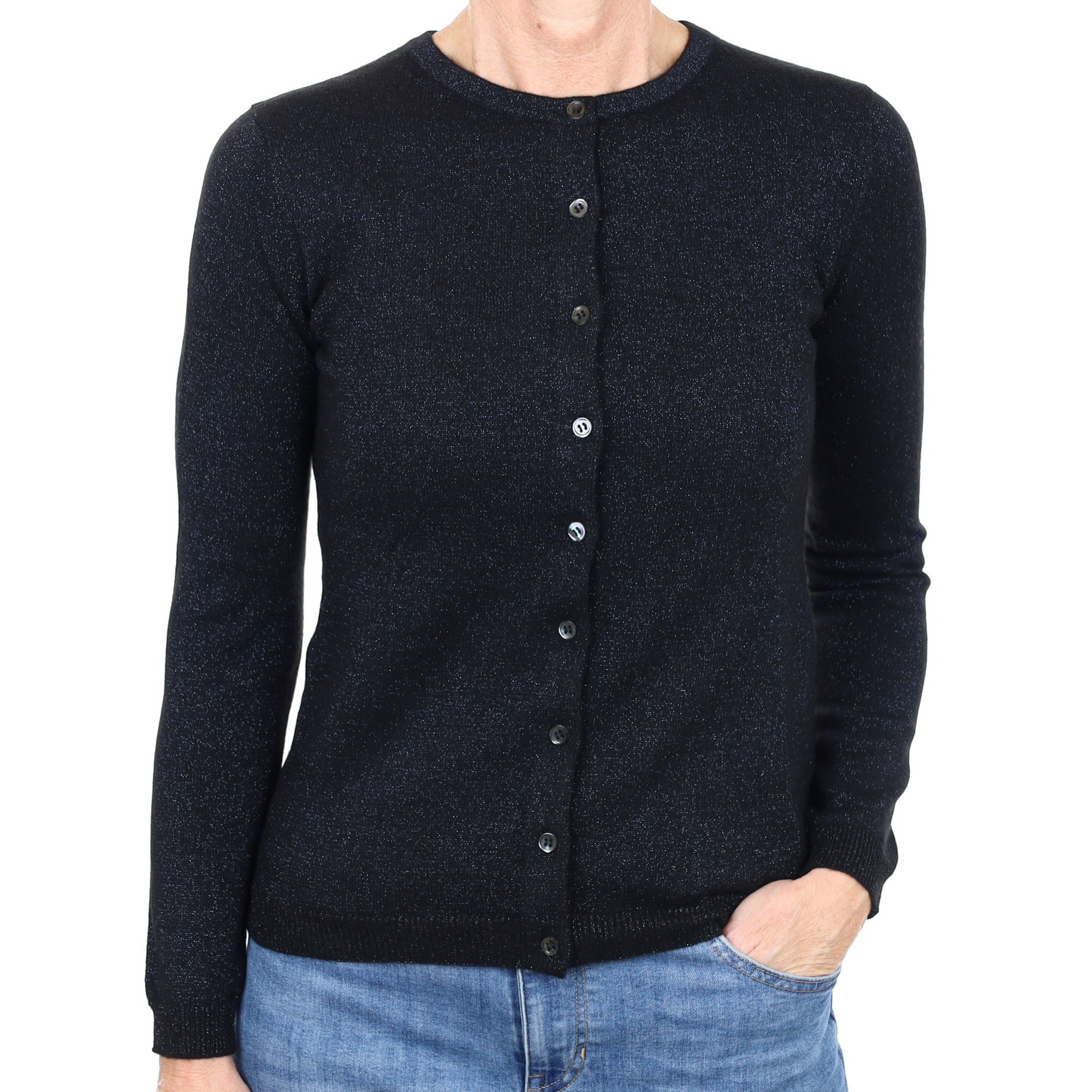 New Black Blue Sparkle Cashmere Crew Neck Cardigan Small