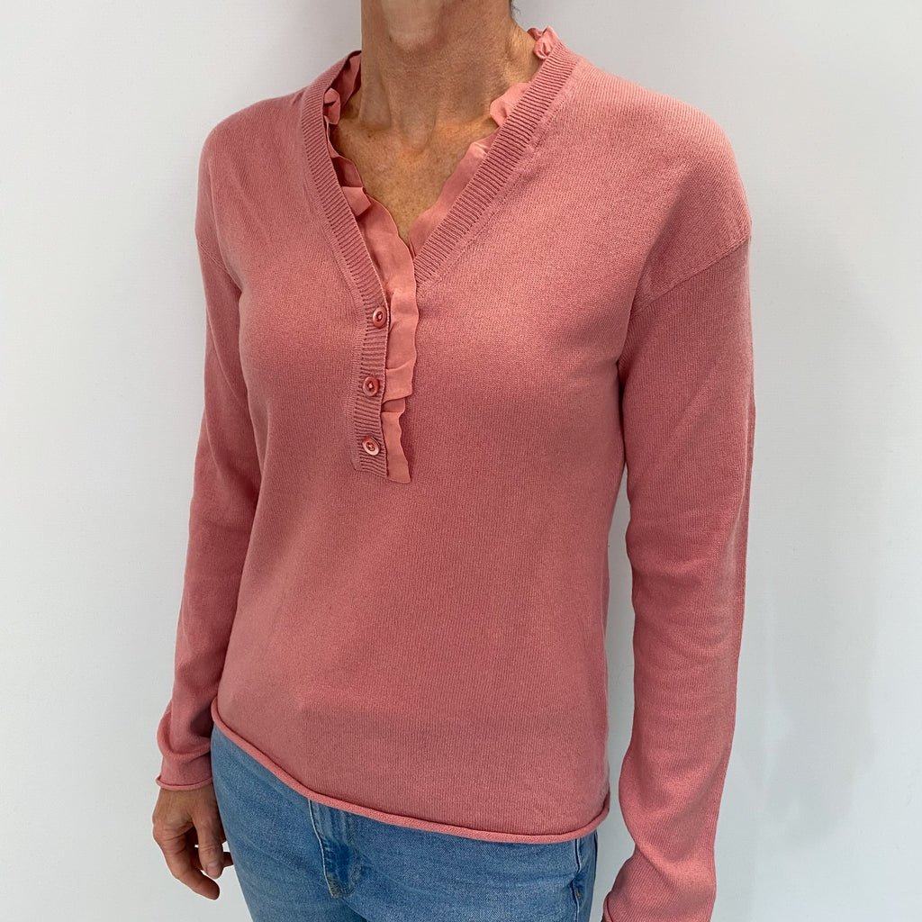 Dusky Rose Pink Cashmere Buttoned V Neck Jumper Small
