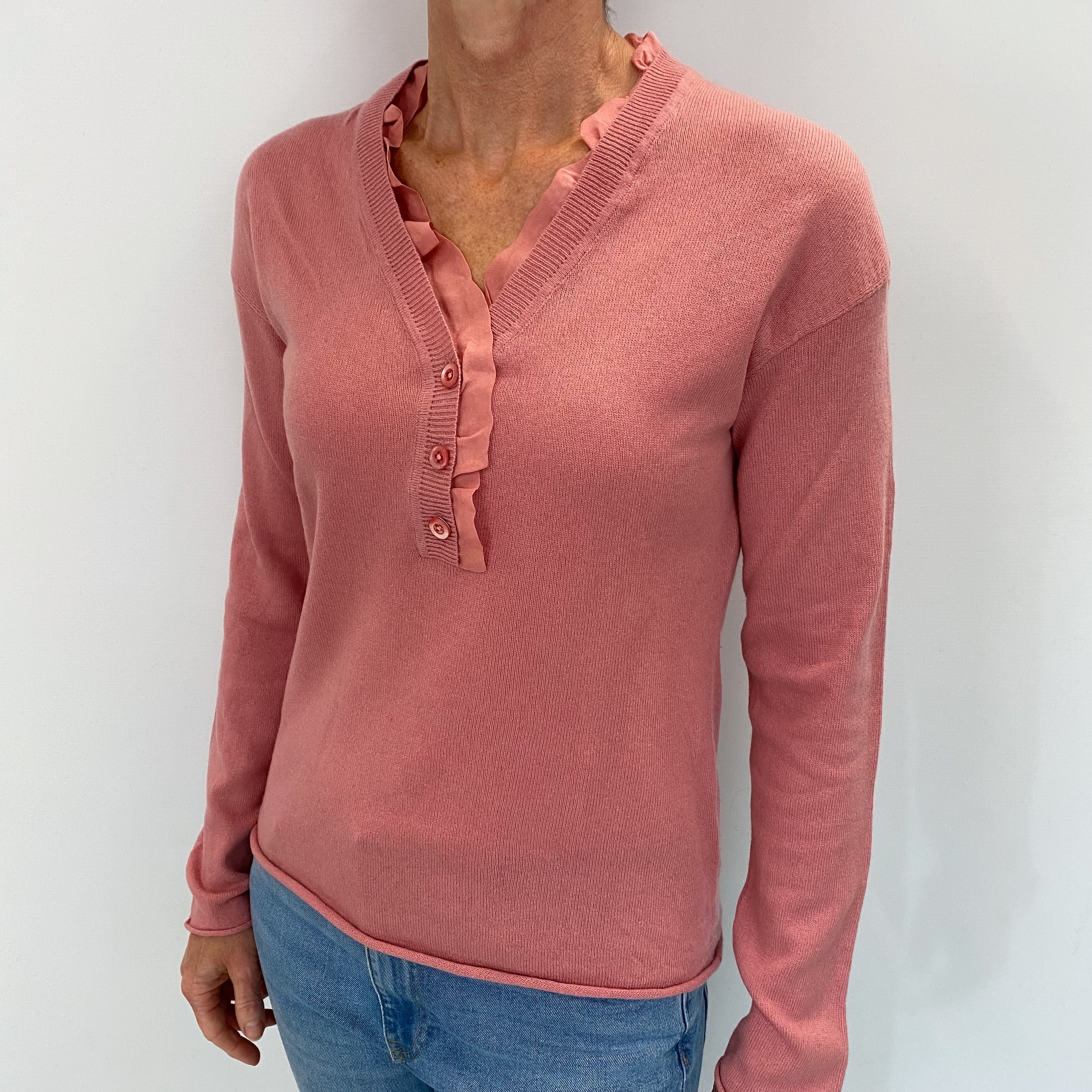 Dusky Rose Pink Cashmere Buttoned V Neck Jumper Small