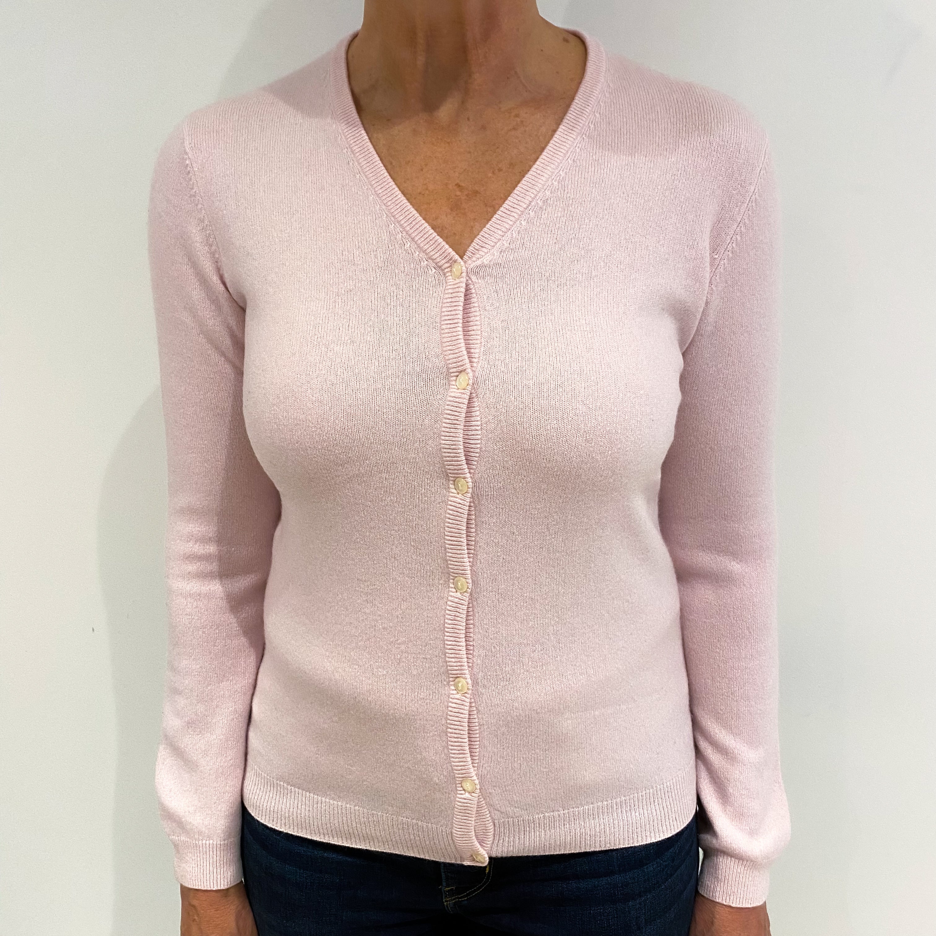 Pale Pink Cashmere V Neck Cardigan Medium